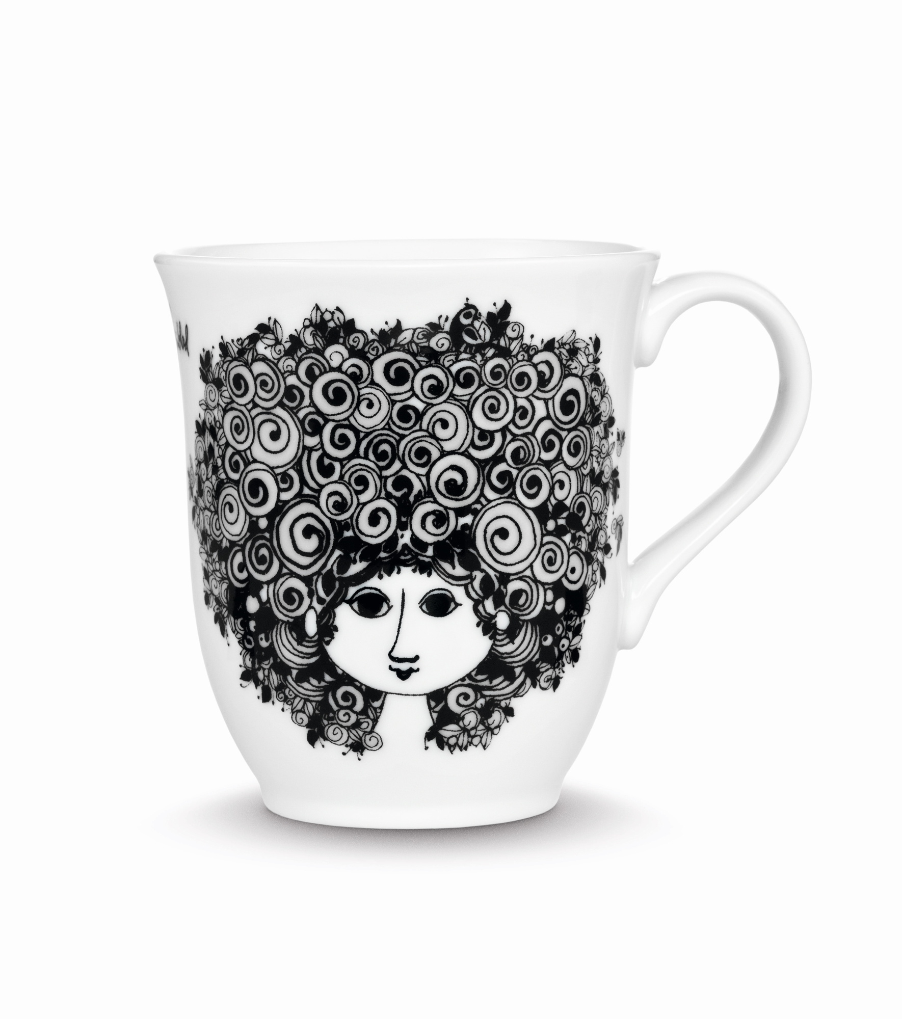 Rosalinde Becher von Bjorn Wiinblad: Weißer Keramikbecher mit schwarzem Frauengesicht und floralen Elementen.