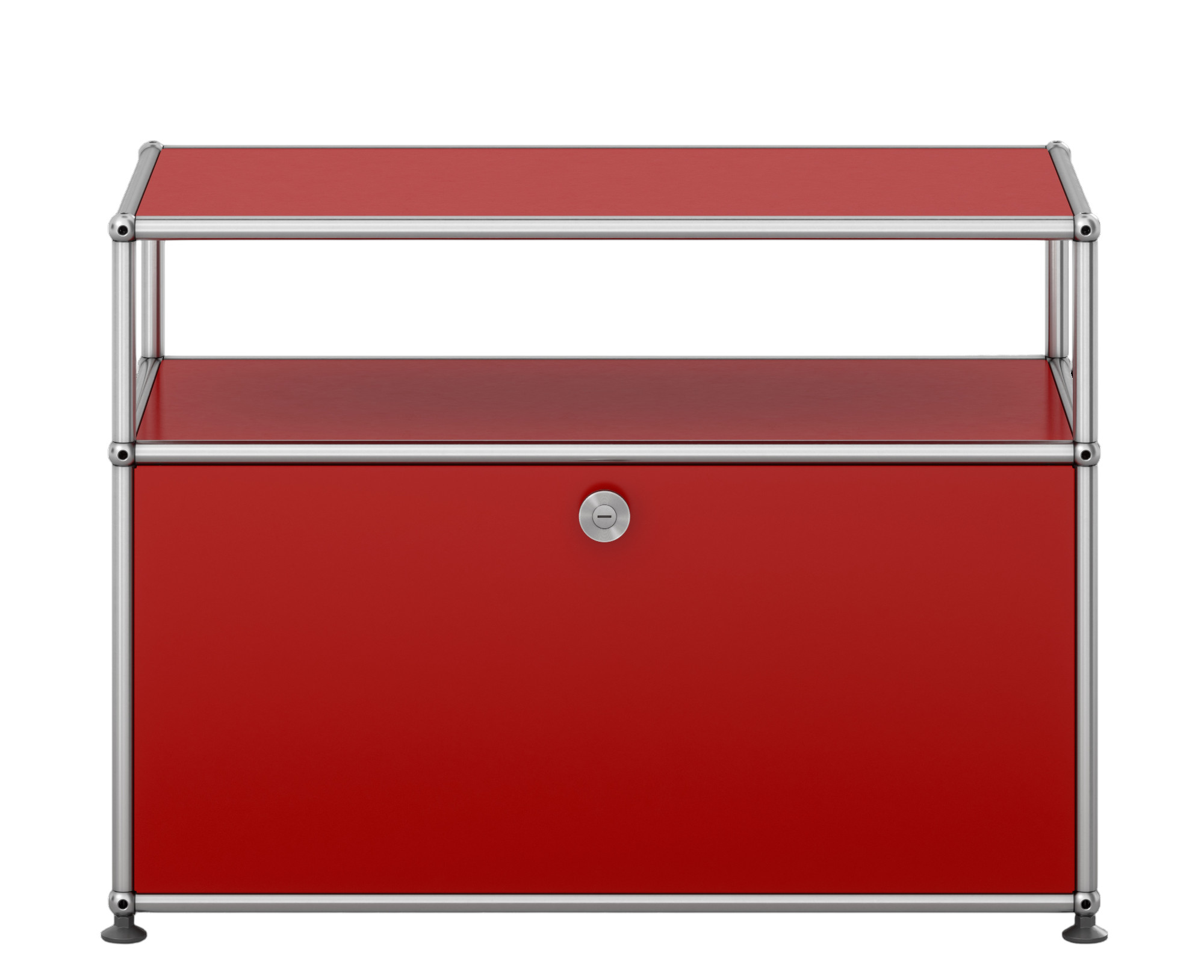 USM Haller Beistellmöbel in Rubinrot mit einer Klappe und verchromtem Gestell, modernes Design.