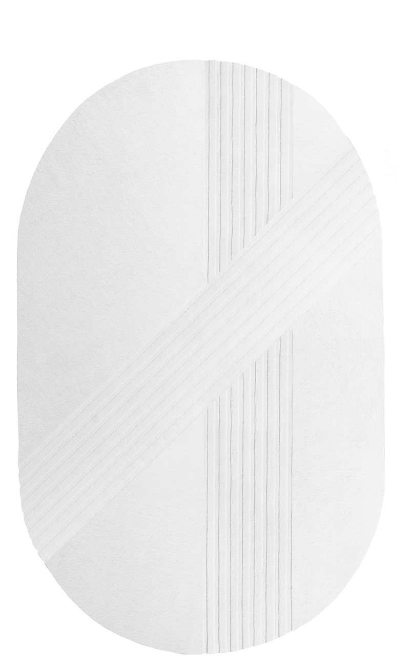 Weißer Kyoto Teppich von Woud, 210x340 cm, mit modernem, geometrischem Muster. Hochwertiger Teppich für Wohnzimmer.