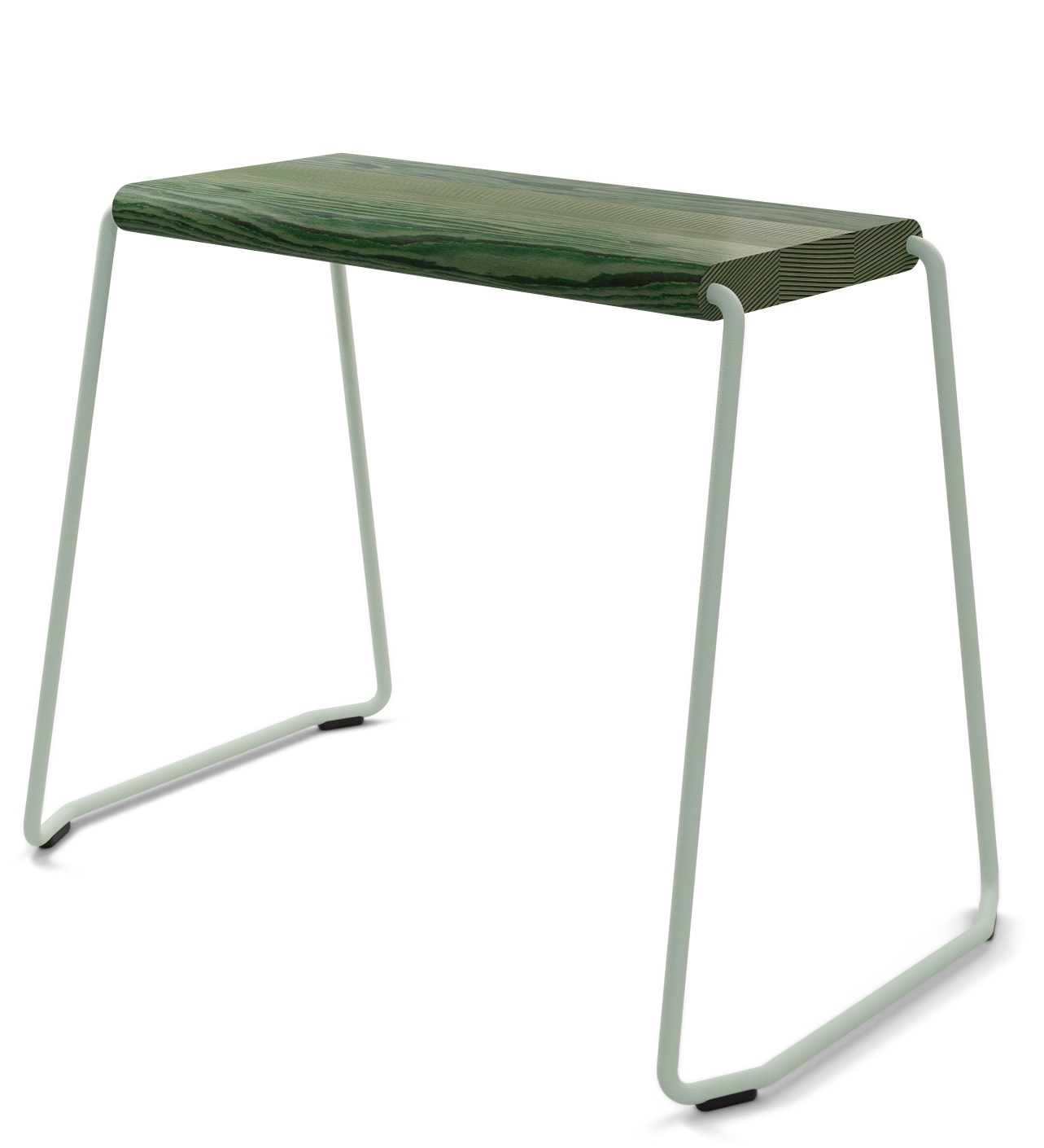 D:003 Beistellhocker Waldgrün: Moderner Hocker mit Holzplatte und hellgrünem Metallgestell.