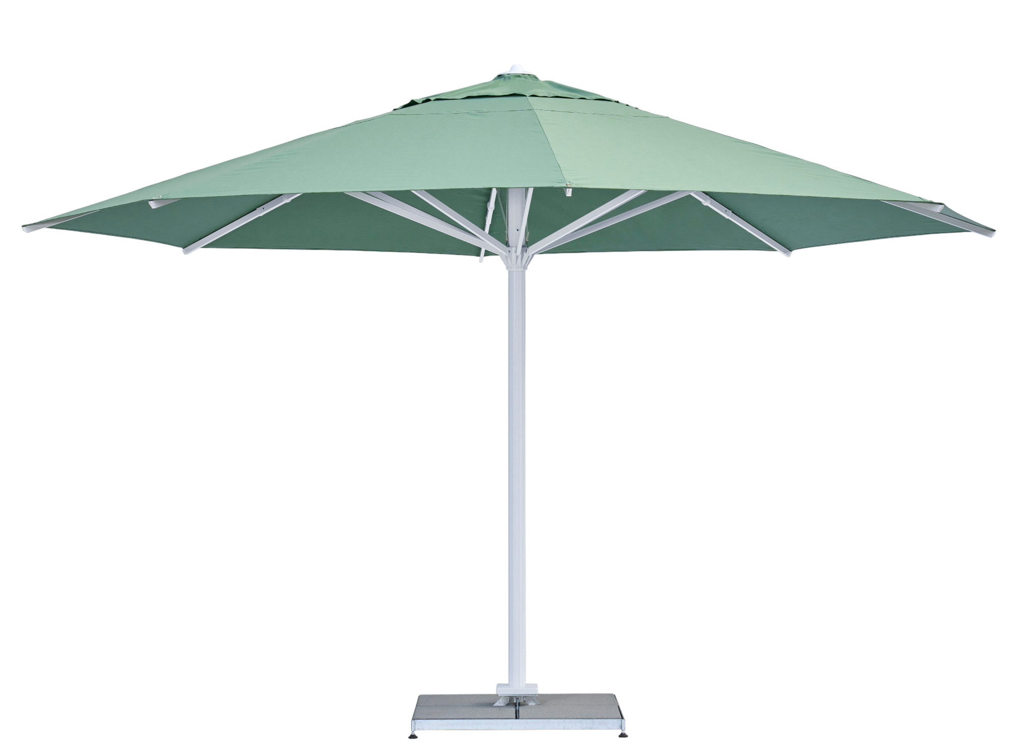 Weishäupl Sonnenschirm, Teleskopschirm in Grün mit weißem Gestell und quadratischem Schirmfuß für Garten und Terrasse.