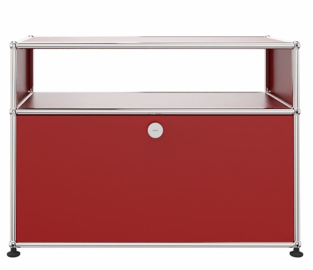 USM Haller Beistellmöbel in Rubinrot mit einer Schublade und offenem Fach, modernes Design.