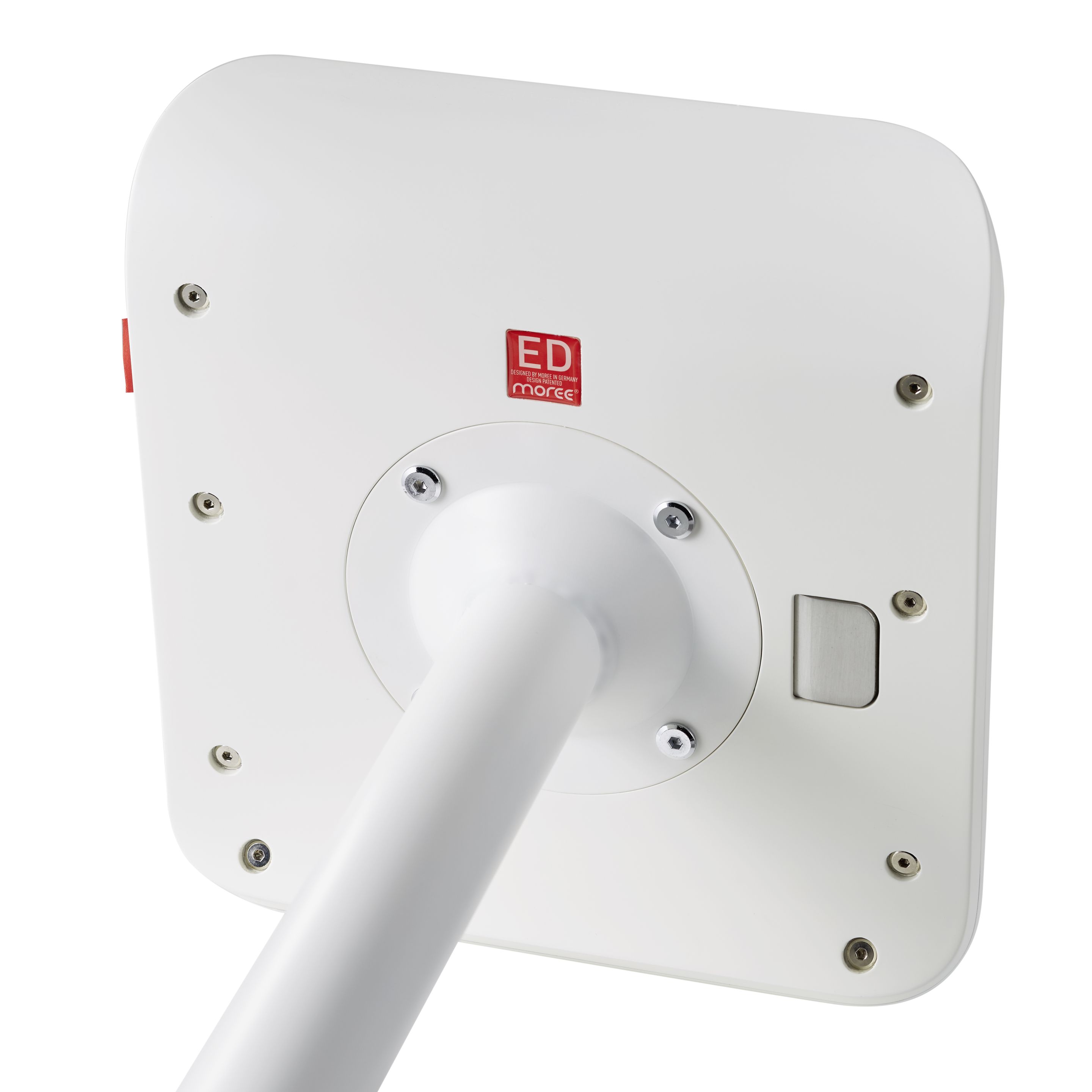 Rückseite des ED Barhocker von Moree in Weiß, höhenverstellbar, mit Logo und Befestigungselementen.