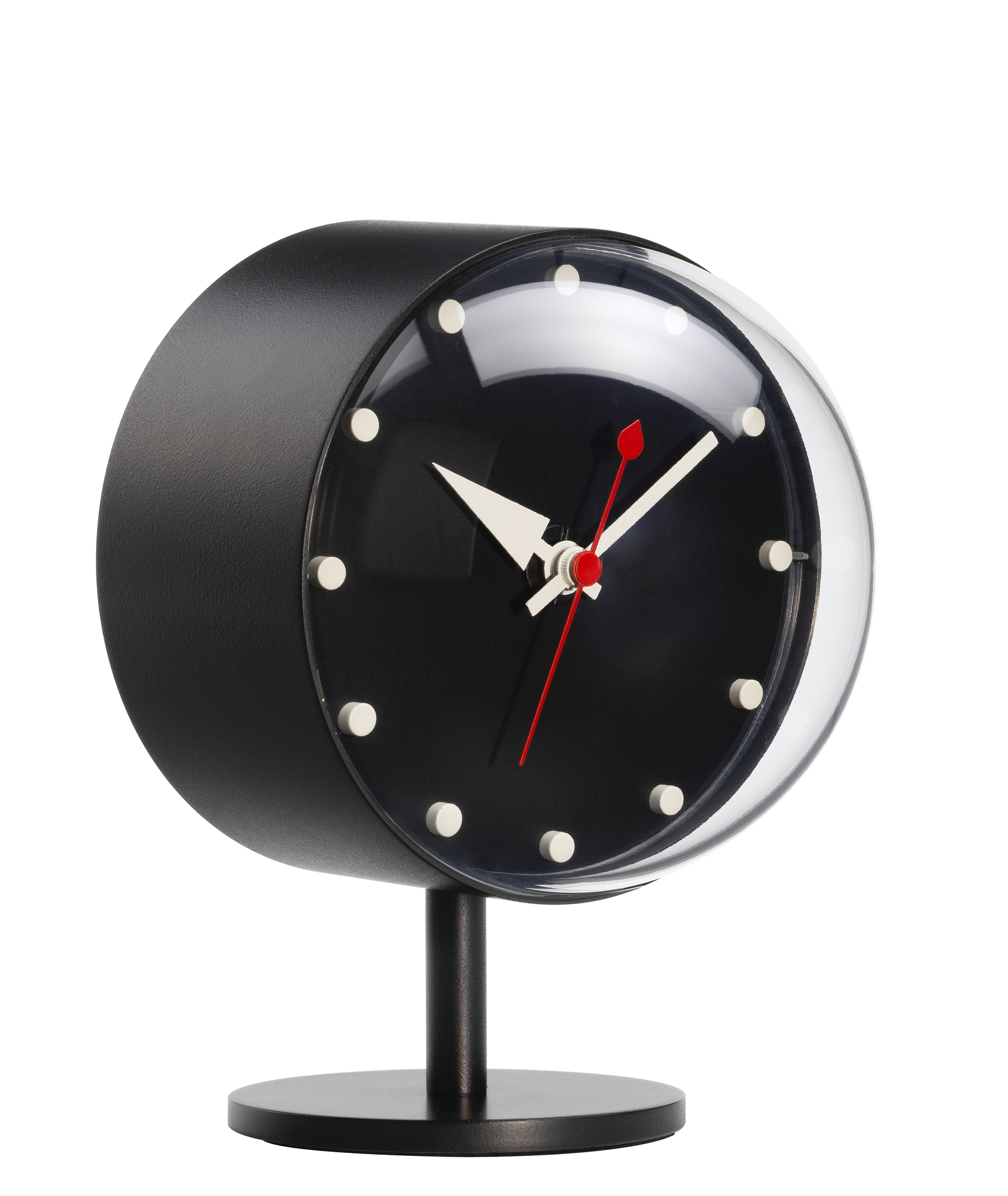 Schwarze Desk Clocks Night Clock Tischuhr von Vitra, minimalistisches Design mit rotem Sekundenzeiger.