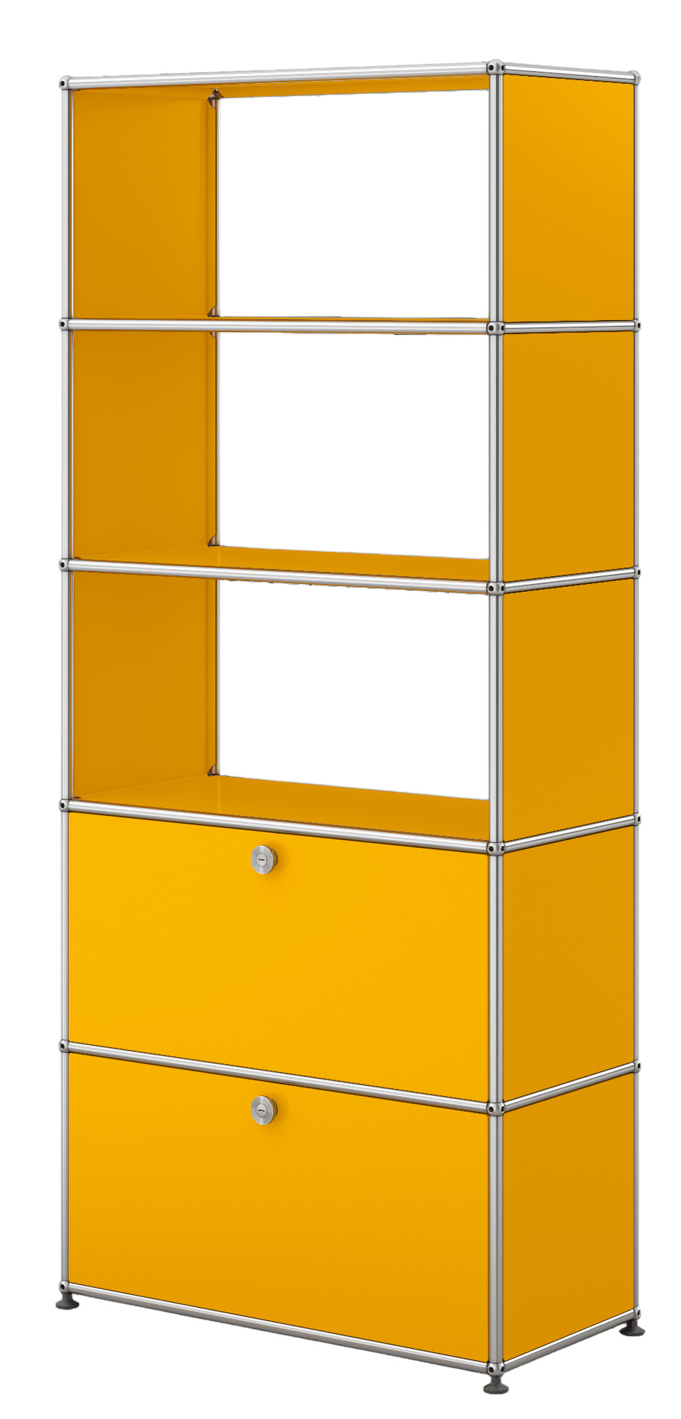 USM Haller Regal in Goldgelb mit zwei Klappen, modulare Möbel für stilvolle Aufbewahrung.