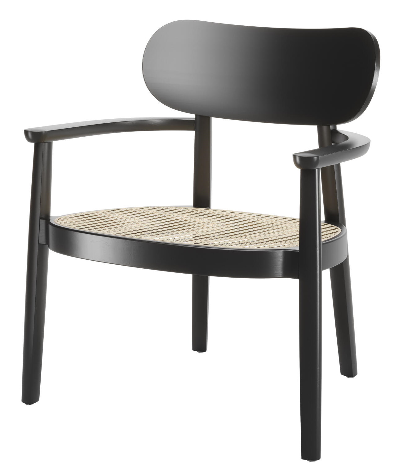 Schwarzer Holzsessel mit Armlehnen und Wiener Geflecht Sitzfläche, Modell 119 MF Thonet.