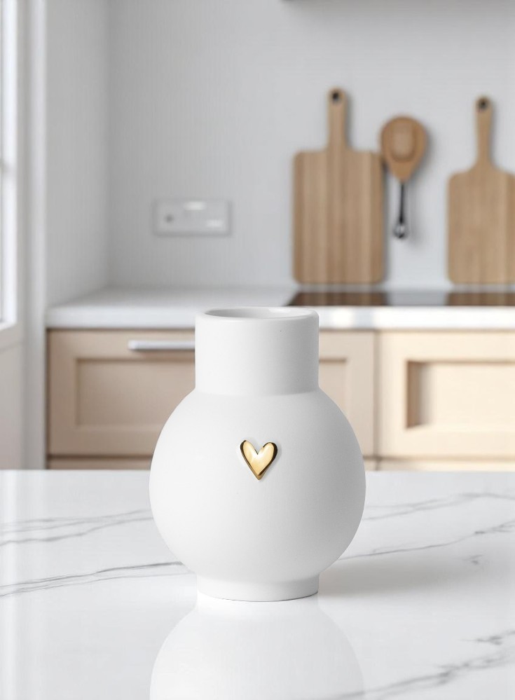 Weiße Kugelvase mit goldenem Herzdetail. Moderne Blumenvase für stilvolle Dekoration im Wohnbereich.