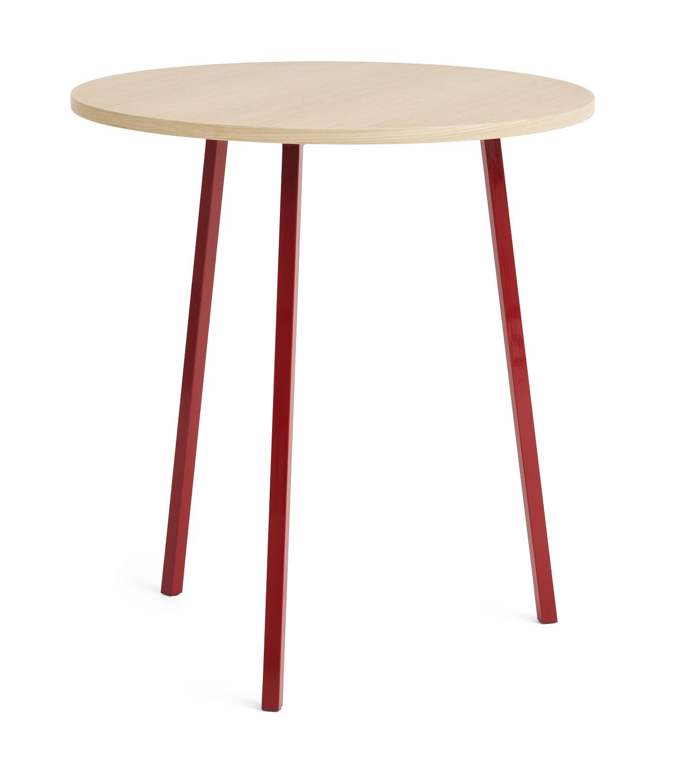Hay Loop Stand Table Round Esstisch Ø90: Runder Holztisch mit roten Metallbeinen.