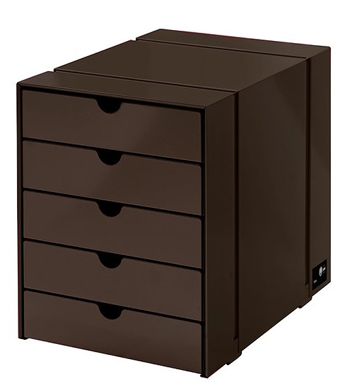 Braunes USM Haller Inos Kastenset C4 mit fünf geschlossenen Schubladen für das Home Office.