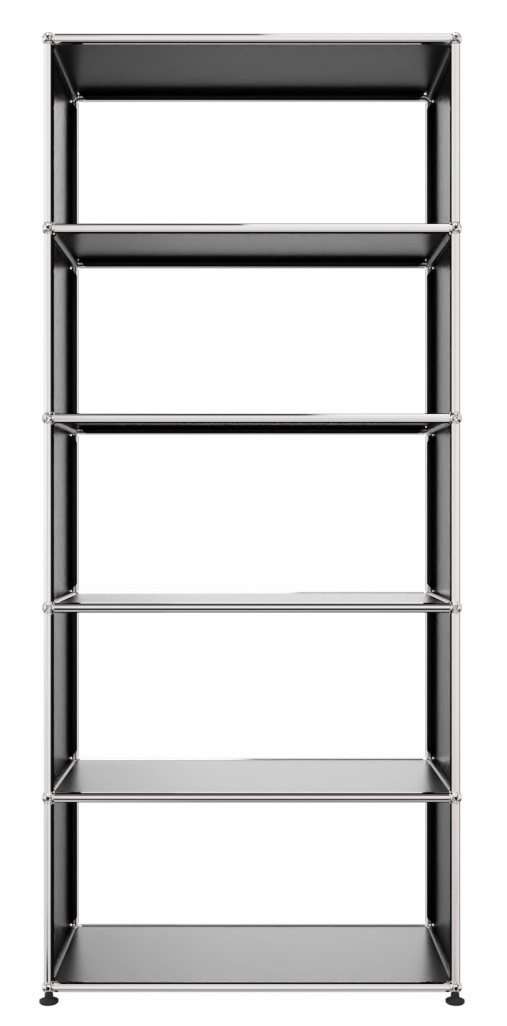 USM Haller Regal in Graphitschwarz mit fünf Fächern und verchromten Verbindungsrohren, modernes Design.