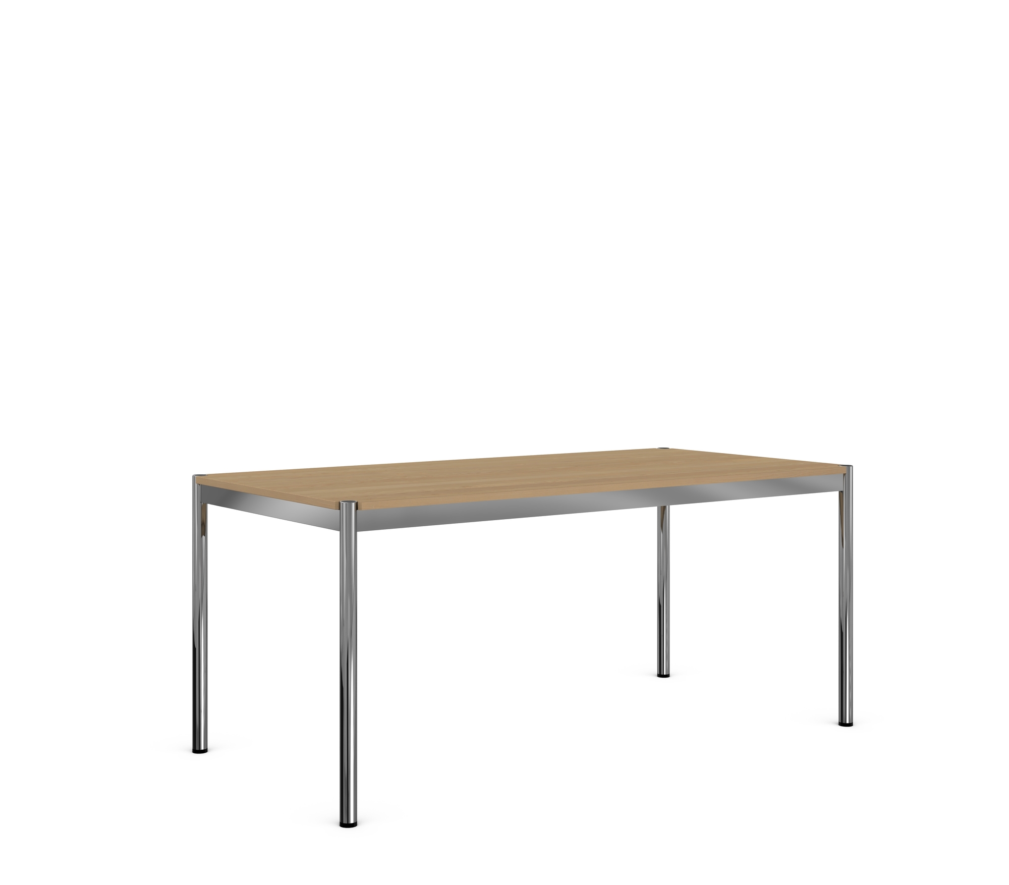 USM Haller Tisch mit Eichenfurnier und verchromtem Gestell, modernes Design für Büro und Wohnbereich.