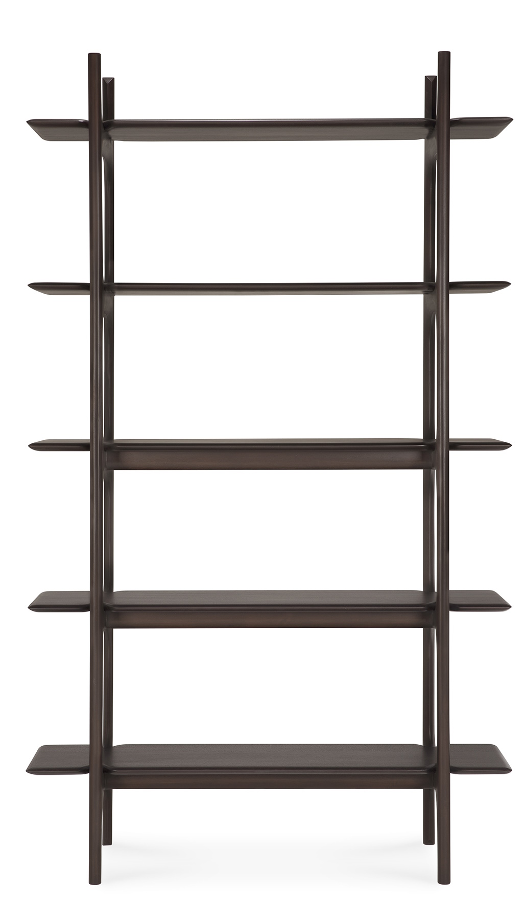 Ethnicraft Regal PI Rack aus dunklem Holz mit fünf Regalböden. Bücherregal für Wohnzimmer.