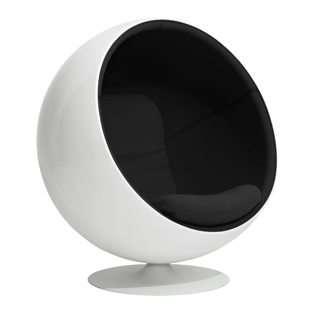 Weißer Ball Chair Sessel mit schwarzer Innenausstattung, ein Designklassiker für modernes Wohnen.