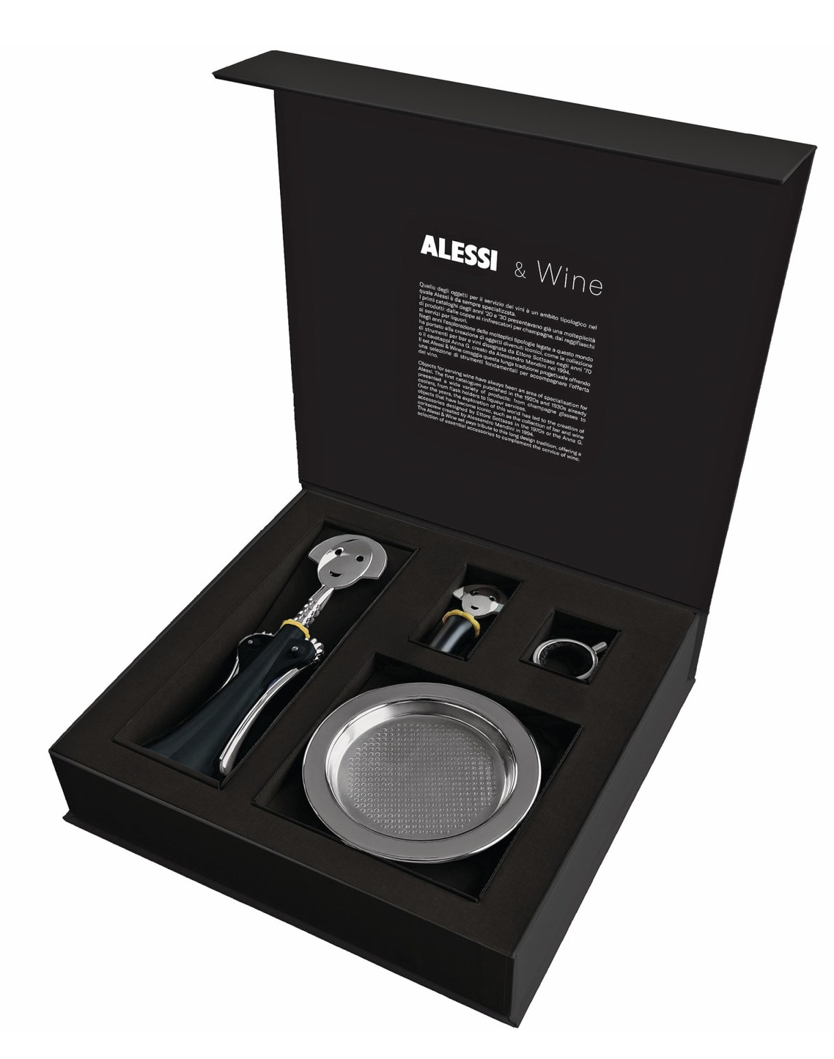 Alessi Anna G. Weinset in Geschenkbox: Korkenzieher, Tropfenfänger und Weinkühler, elegantes Wein Zubehör.