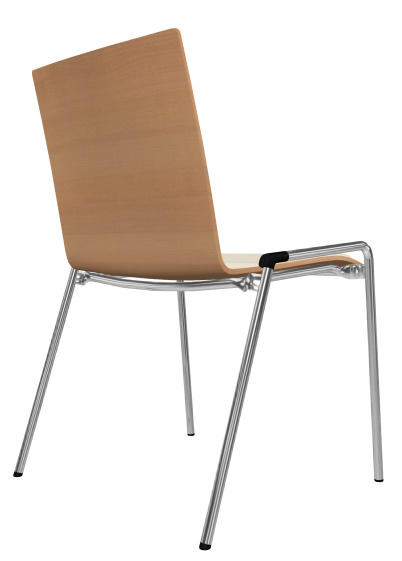 S 262 SP Stuhl von Thonet, Ansicht von hinten, Holzlehne und verchromtes Stahlrohrgestell.