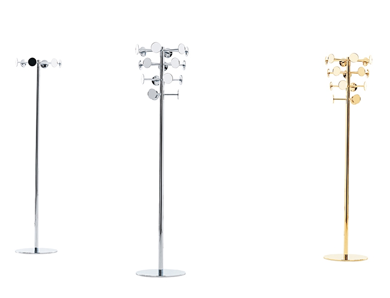 Drei Chaperon Kleiderständer von Opinion Ciatti in Silber, Chrom und Gold mit runden Haken.