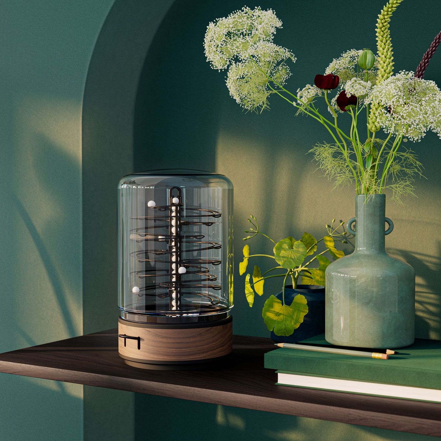 ElectRoll Classic Birch Kugelbahn mit USB-C Kabel, dekorativ auf einem Regal platziert.