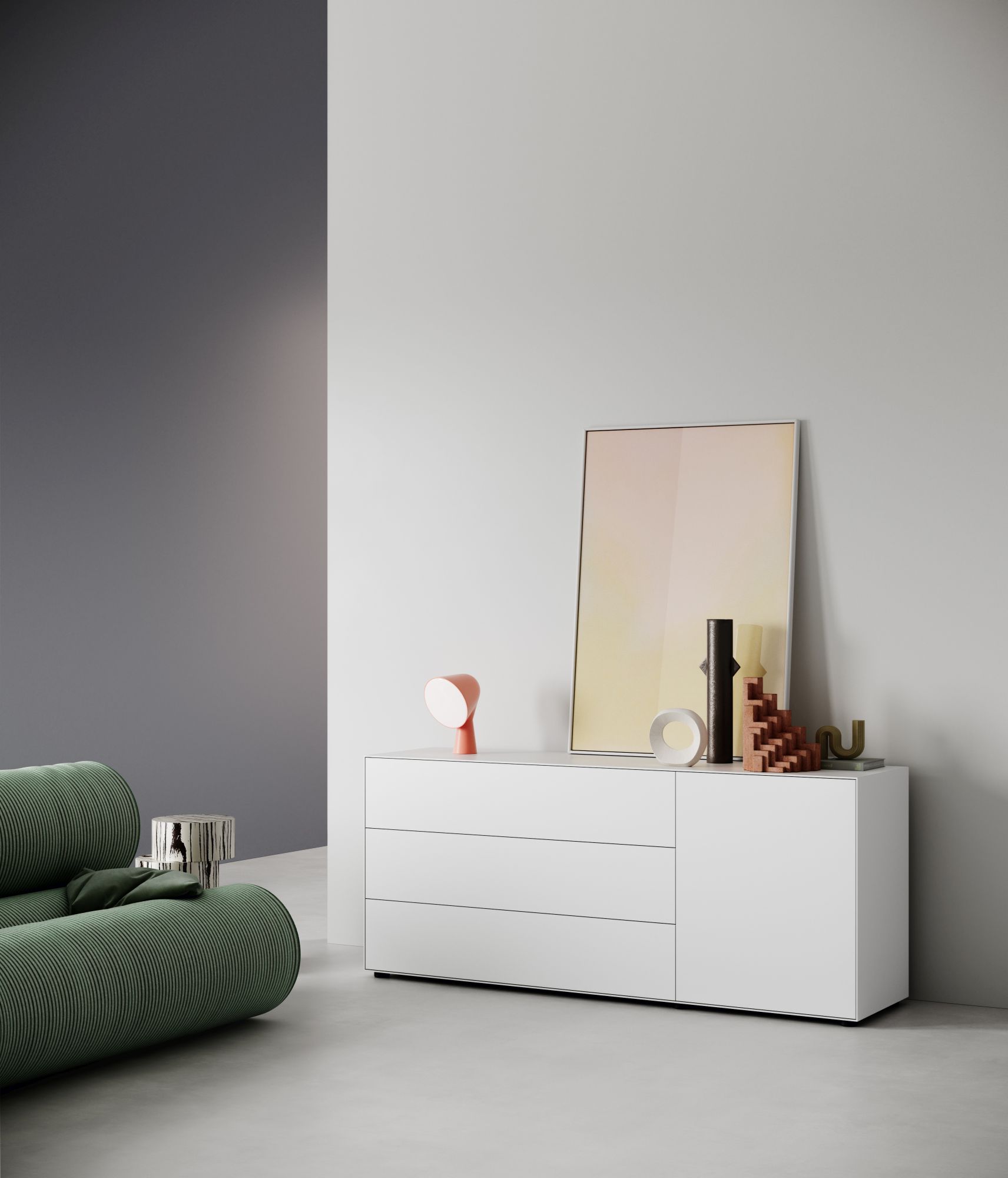 Weißes Nex Pur Box Lowboard von Piure mit Schubladen und Tür im modernen Wohnzimmer.