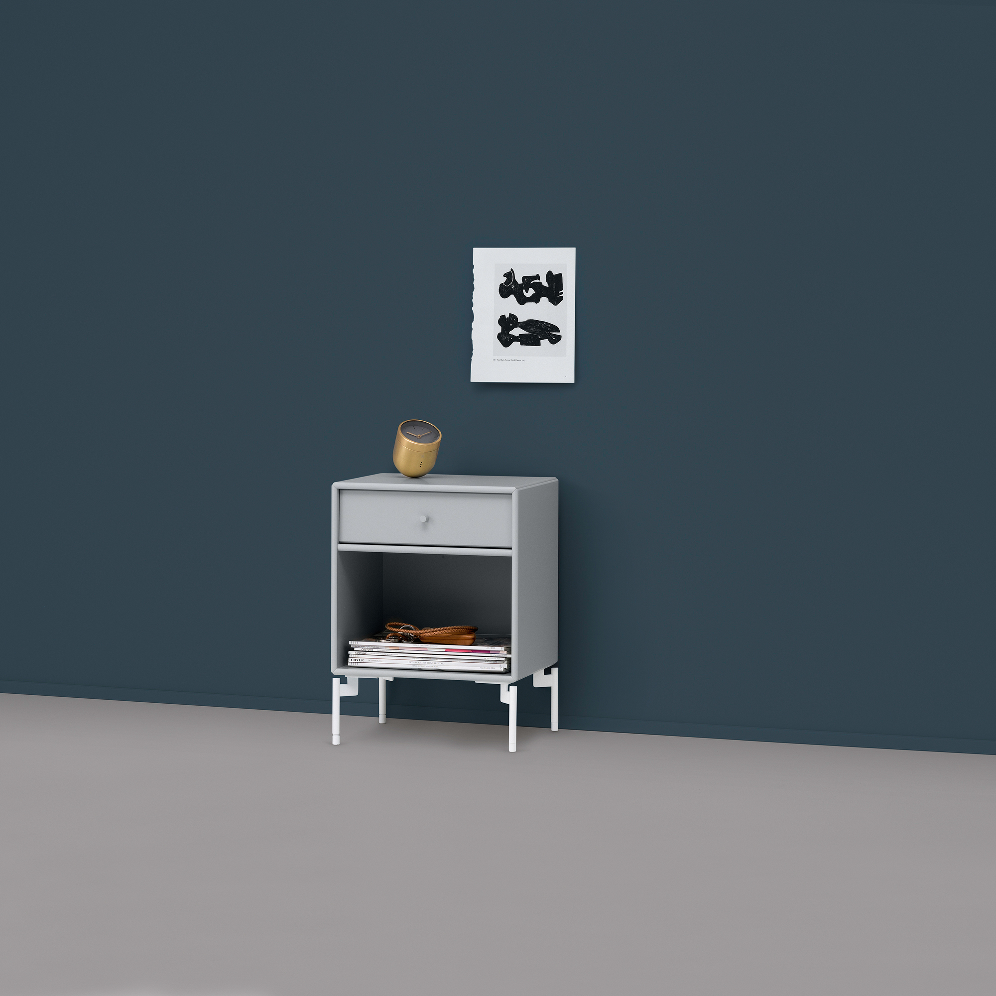 Moderner, grauer Nachttisch mit Schublade und Ablage, ideal als Nachtkonsole oder Beistelltisch.
