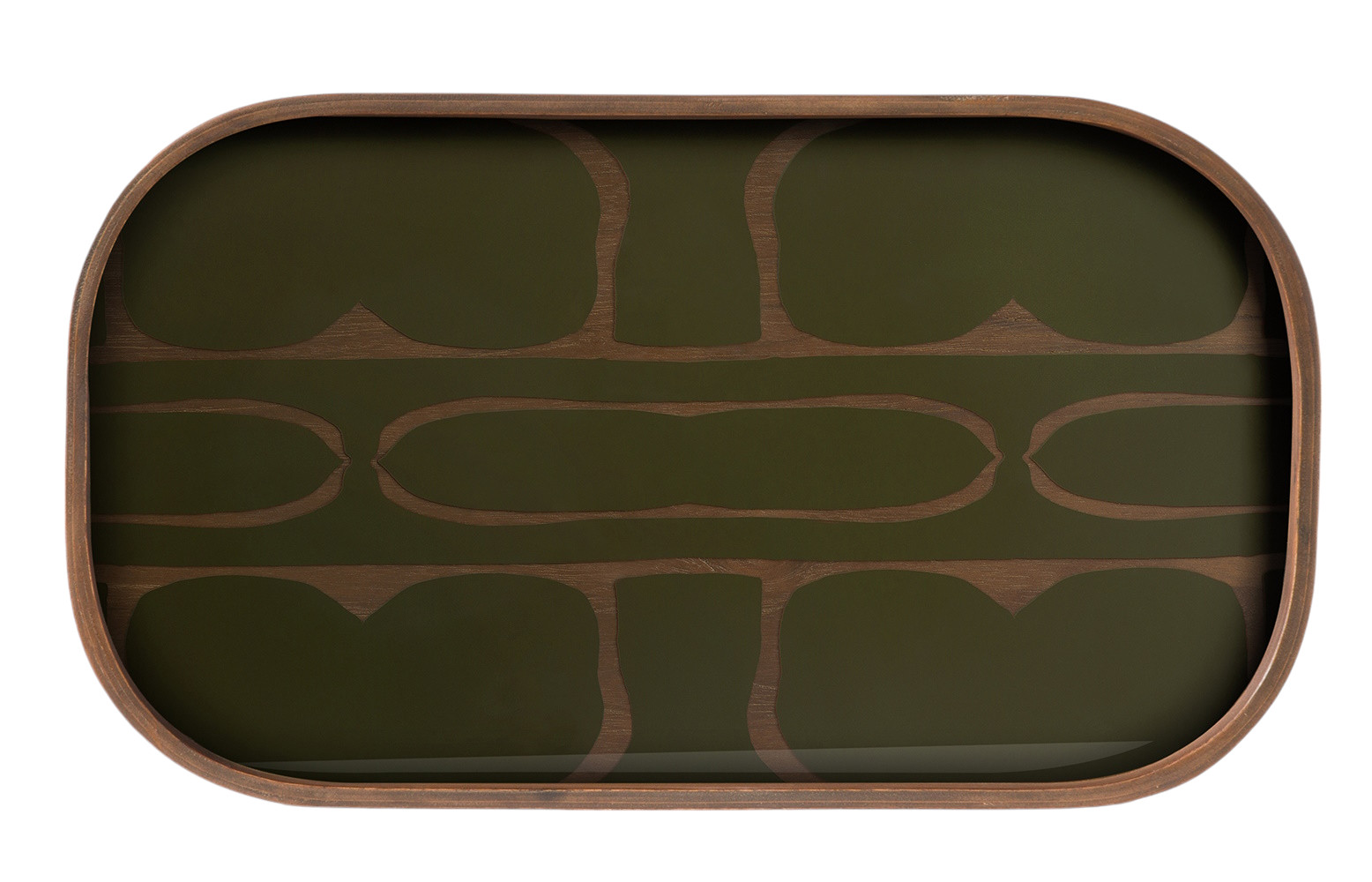 Rechteckiges Second Nature Valet Tray von Ethnicraft mit olivgrünem Muster und Holzrahmen.