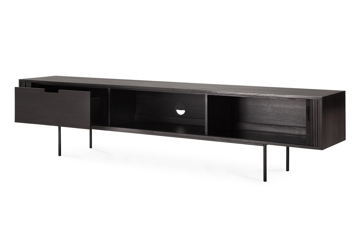 Roller Max TV Anrichte aus Teakholz in Schwarz mit zwei Türen und Fächern.