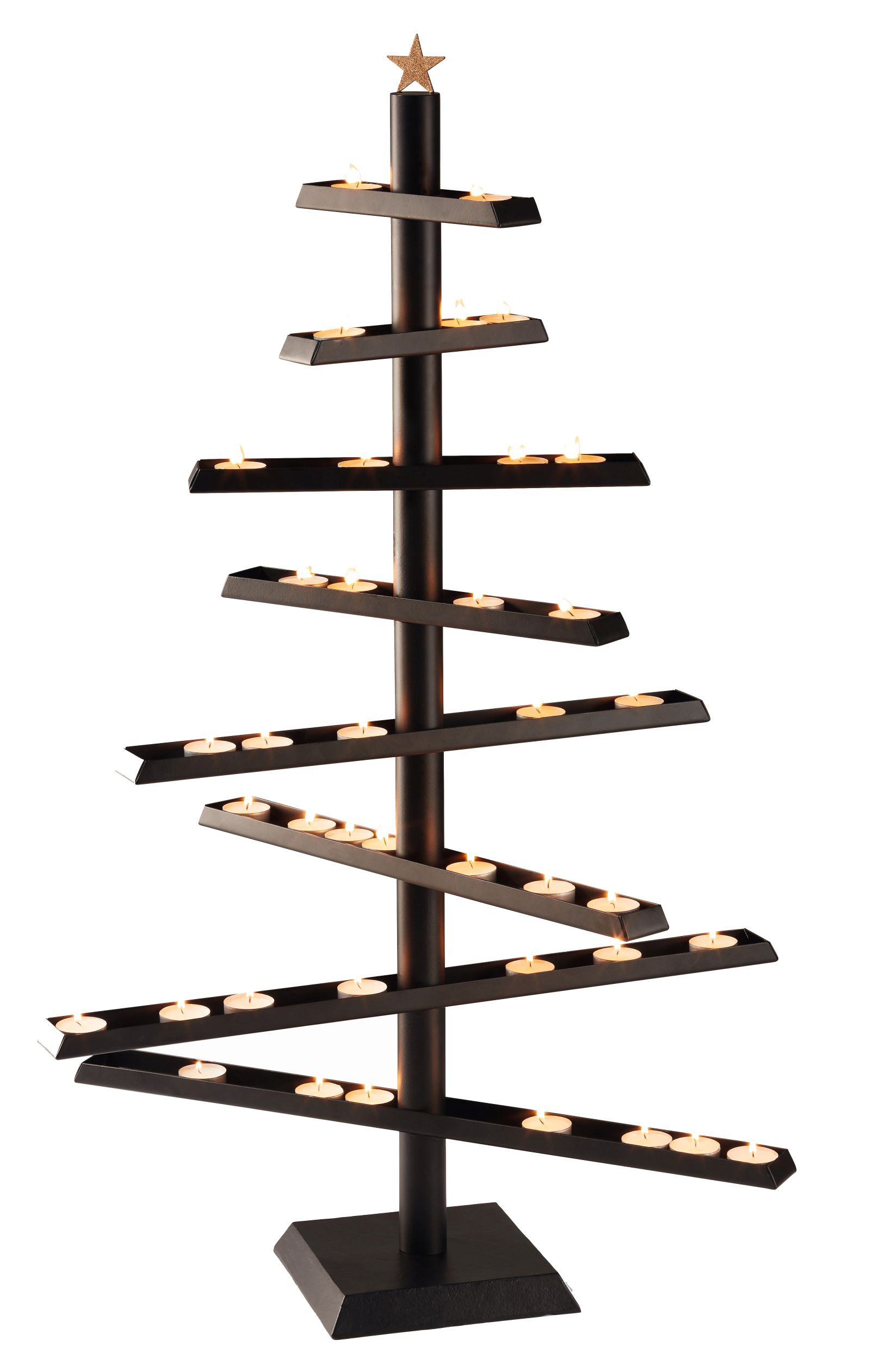 Schwarzer Soho Weihnachtsbaum für Teelichter von Philippi mit brennenden Teelichtern und goldenem Stern.