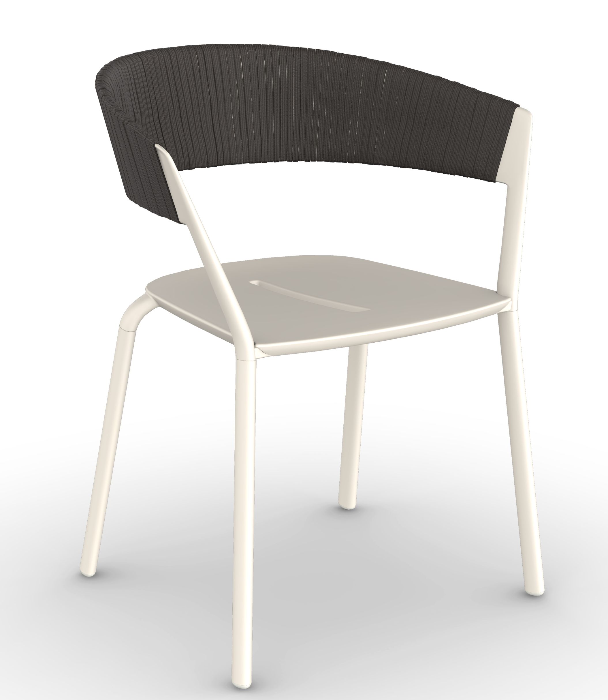 Moderner Ria Stuhl mit Armlehne, weißem Gestell und geflochtener Rückenlehne in Anthrazit. Design Stuhl für Esszimmer.