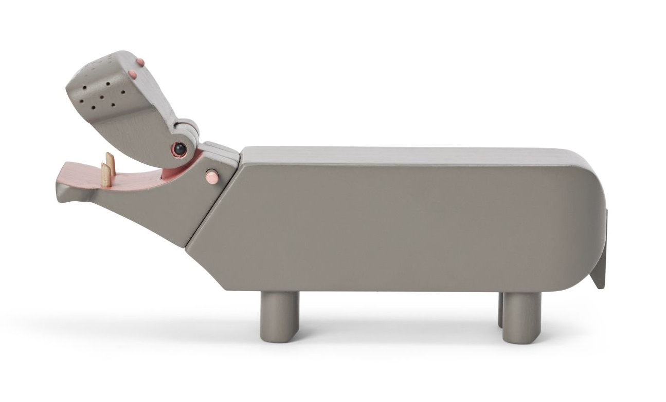 Graues Kay Bojesen Flusspferd aus Holz, liliput Version, dekorative Holzfigur für Kinderzimmer und Designliebhaber.