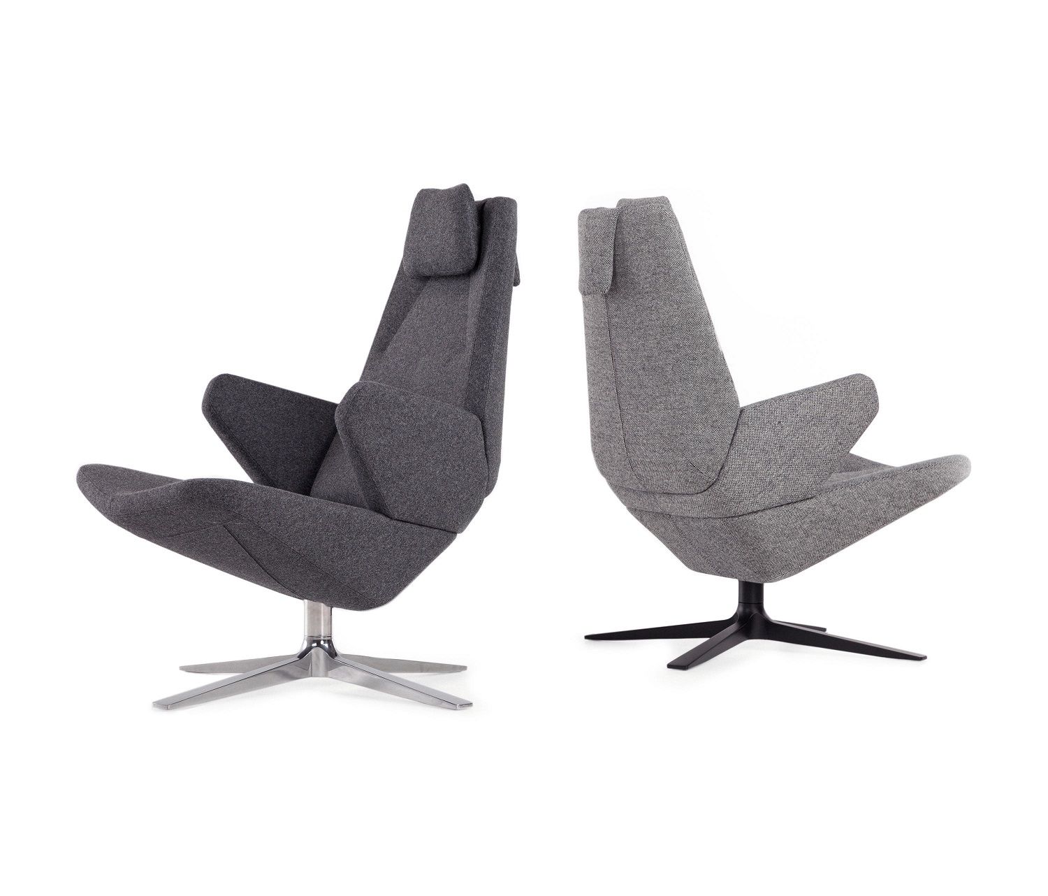 Zwei Trifidae Sessel von Prostoria in Grau, ideal als Konferenzstuhl oder für moderne Wohnräume.