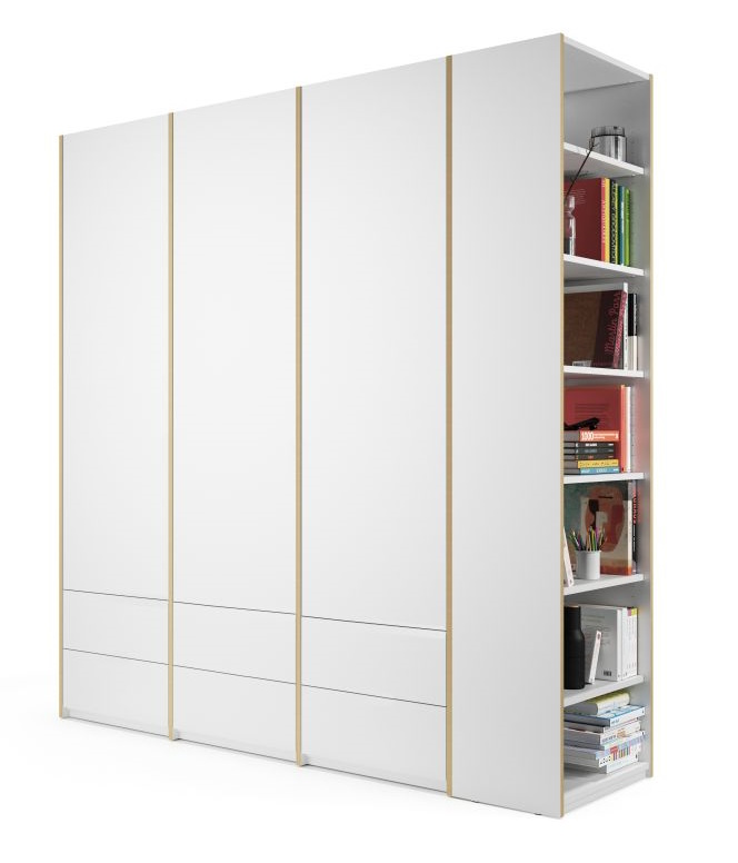 MODULAR PLUS Schrank Kombination von Müller Möbelwerkstätten mit Anbauregal rechts, weiße Fronten und Schubladen.