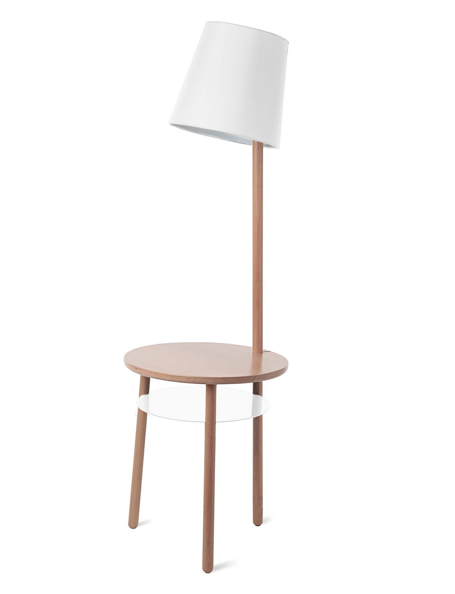 Josette Beistelltisch mit Stehlampe aus Esche und weißem Lampenschirm. Modernes Design.
