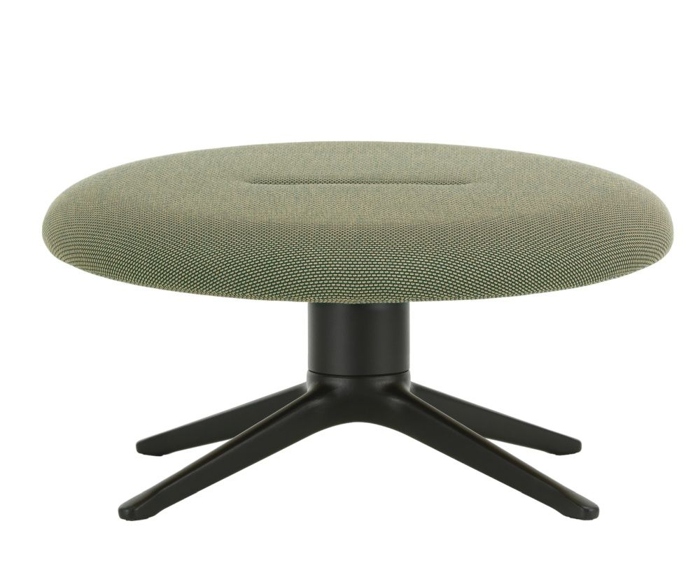 Abalon Platform Ottoman von Vitra, runder Hocker mit grünem Stoffbezug und schwarzem Fuß.
