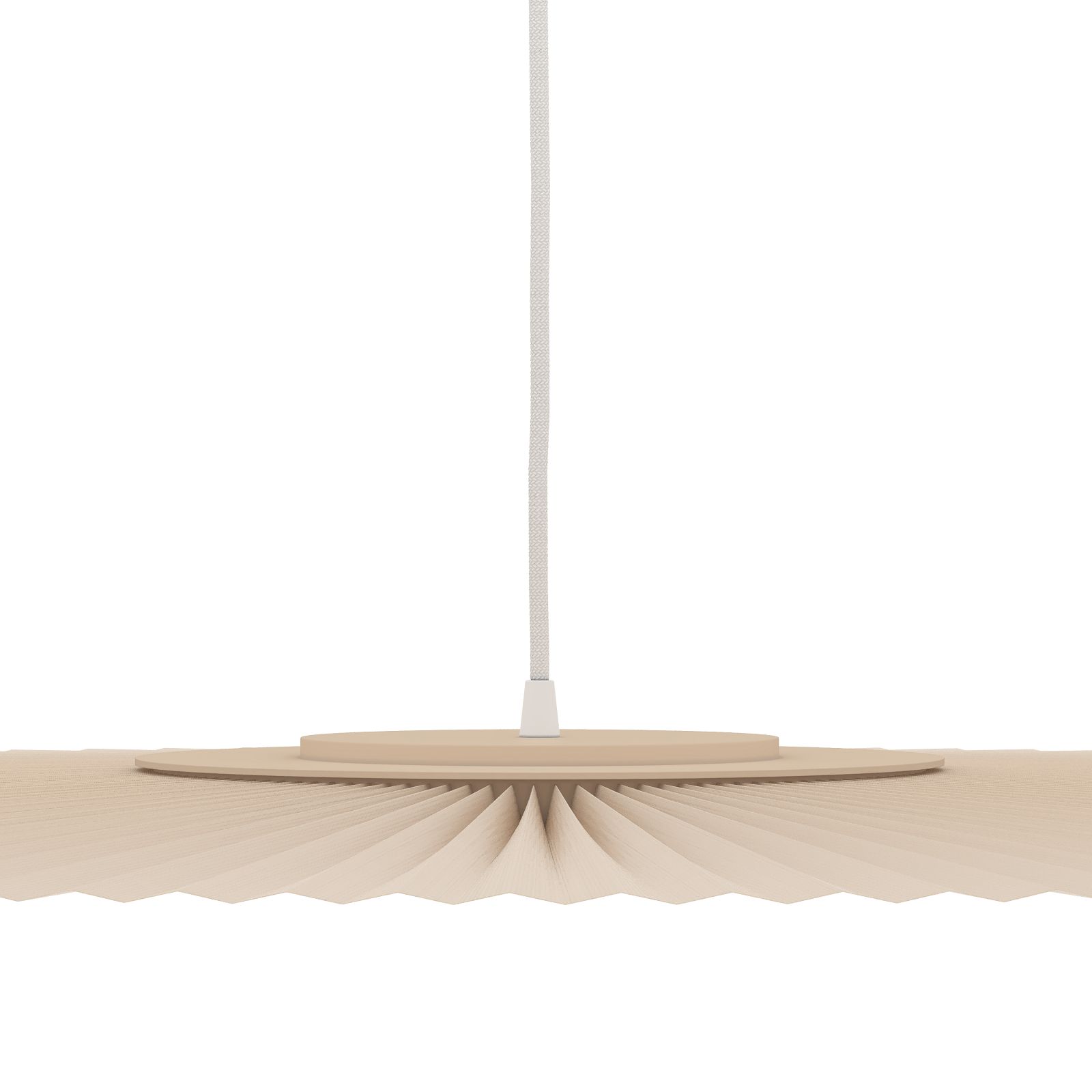 Detailaufnahme der Hartô Carmen Pendelleuchte Groß in Beige mit plissiertem Lampenschirm und Textilkabel.