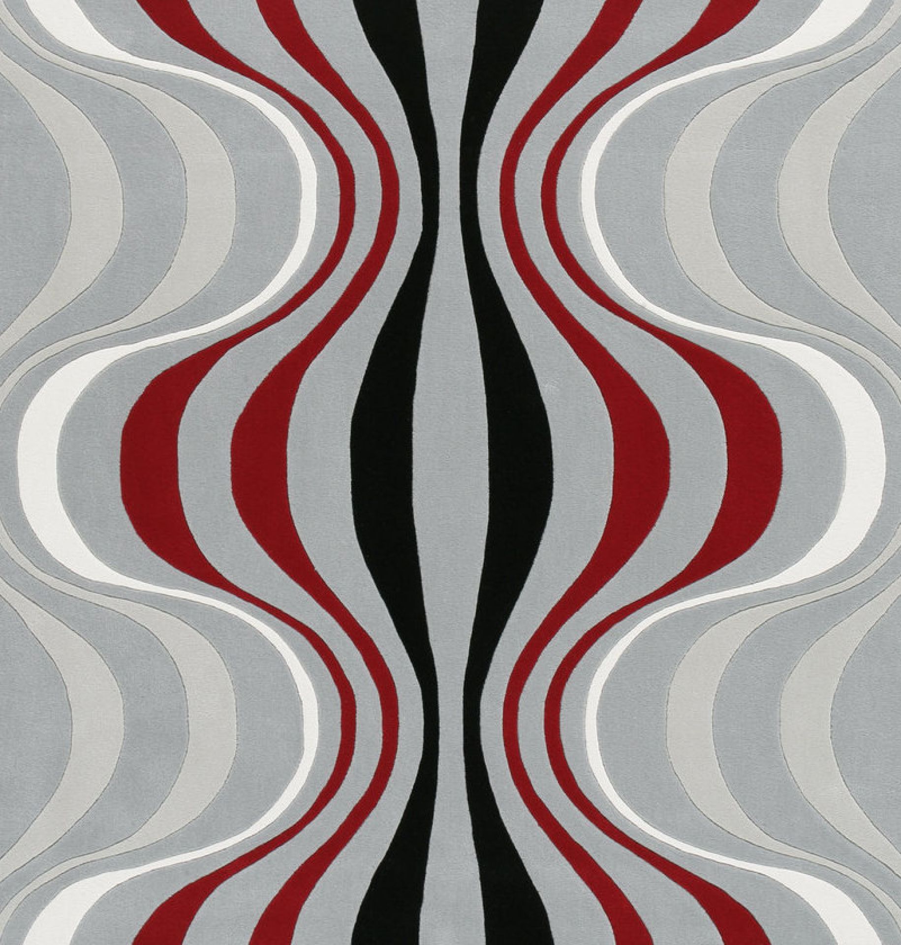 Verner Panton Teppich VP Onion 4 mit abstraktem, wellenförmigem Muster in Grau, Schwarz, Weiß und Rot.