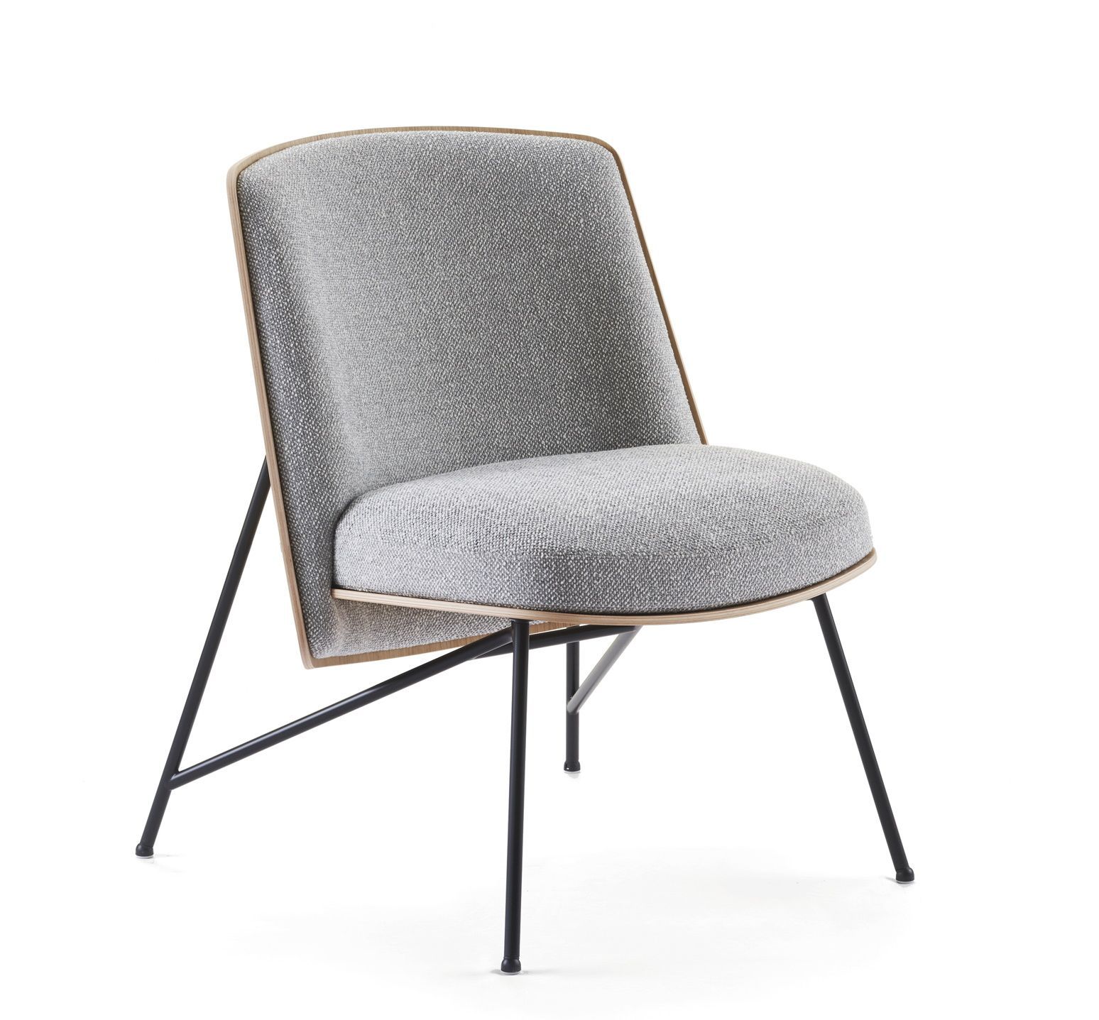 Tinker Sessel von Prostoria, moderner Polstersessel mit grauem Stoffbezug und schwarzem Metallgestell.