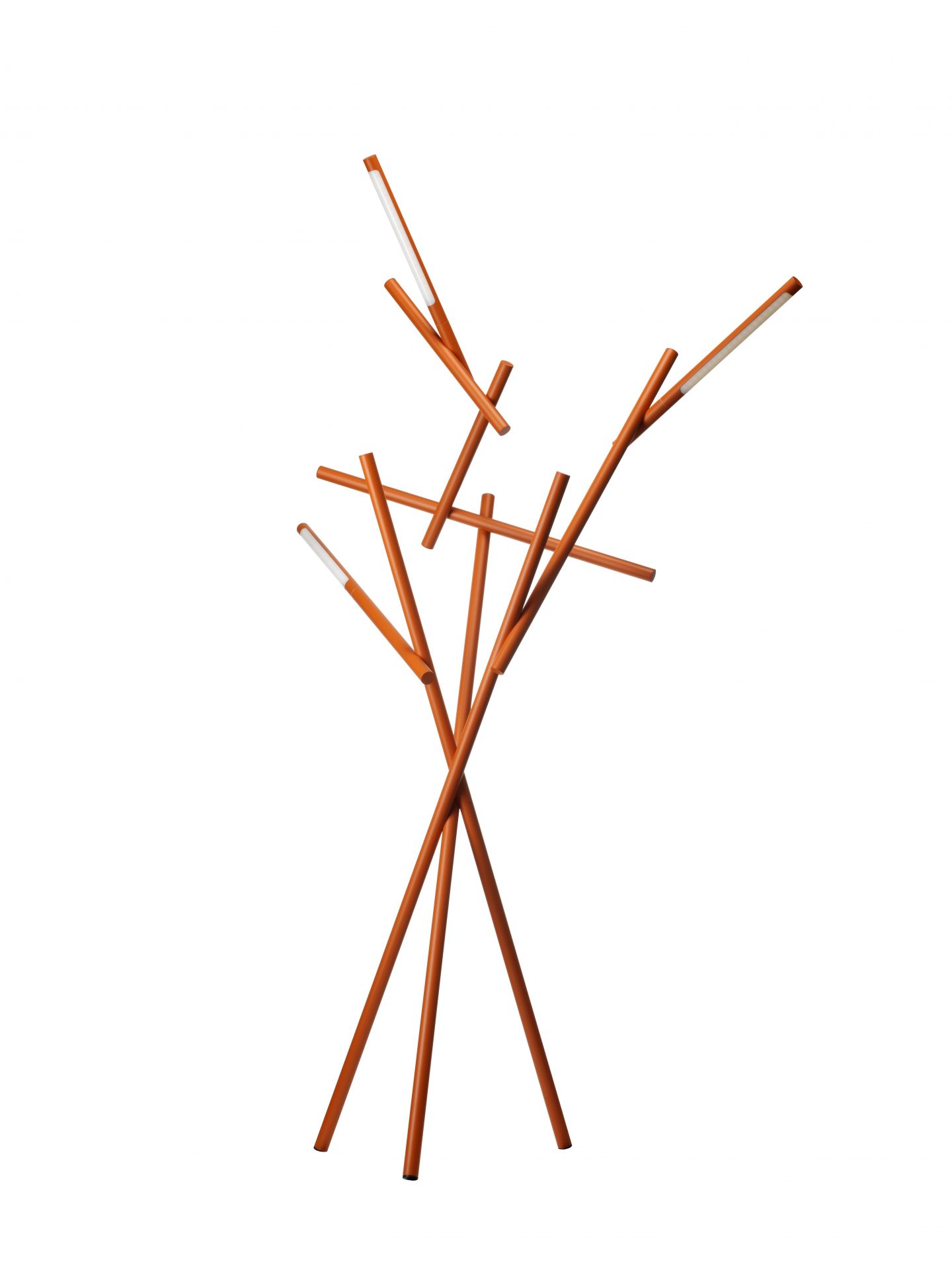Orangefarbene Tuareg Stehleuchte von Foscarini mit LED-Leuchtstäben in modernem Design für Wohnzimmer und Büro.