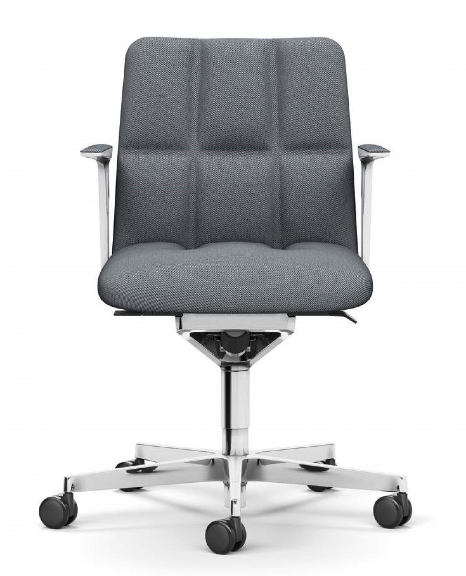 Grauer Leadchair Management Drehstuhl von Walter Knoll mit Chromgestell und Rollen.