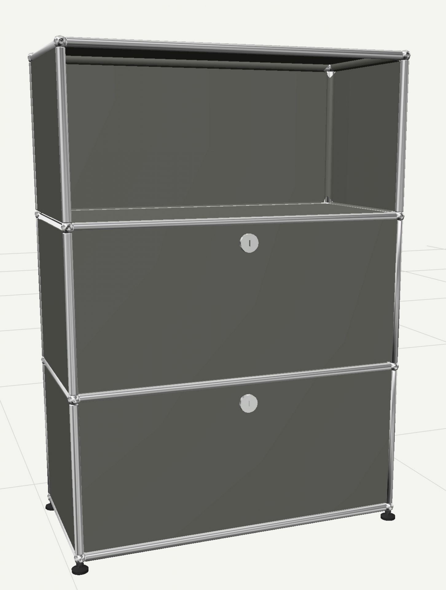 USM Haller Highboard in Mittelgrau mit zwei Klappen und einem offenen Fach.