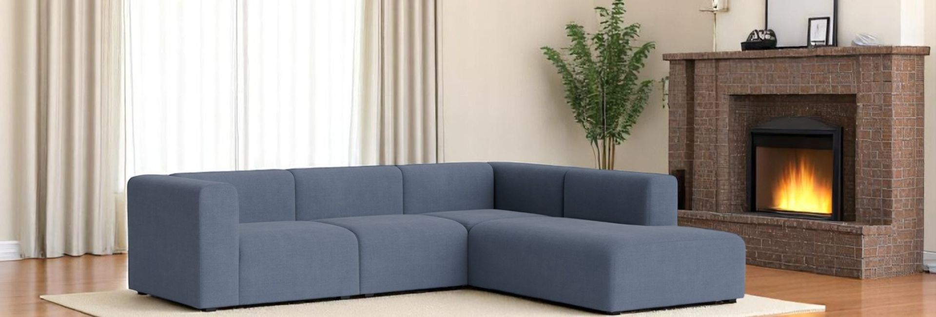 Blaues Mags Sofa Eckkombination mit Ottoman und rechter Armlehne. Modernes Wohnzimmer Sofa.