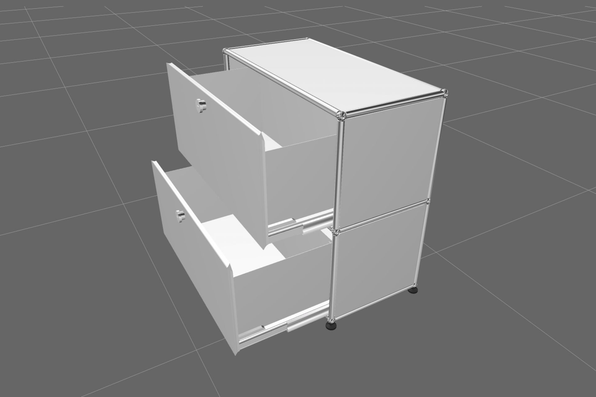 USM Haller Sideboard in Reinweiß mit zwei offenen Schubladen, modernes modulares Möbeldesign.