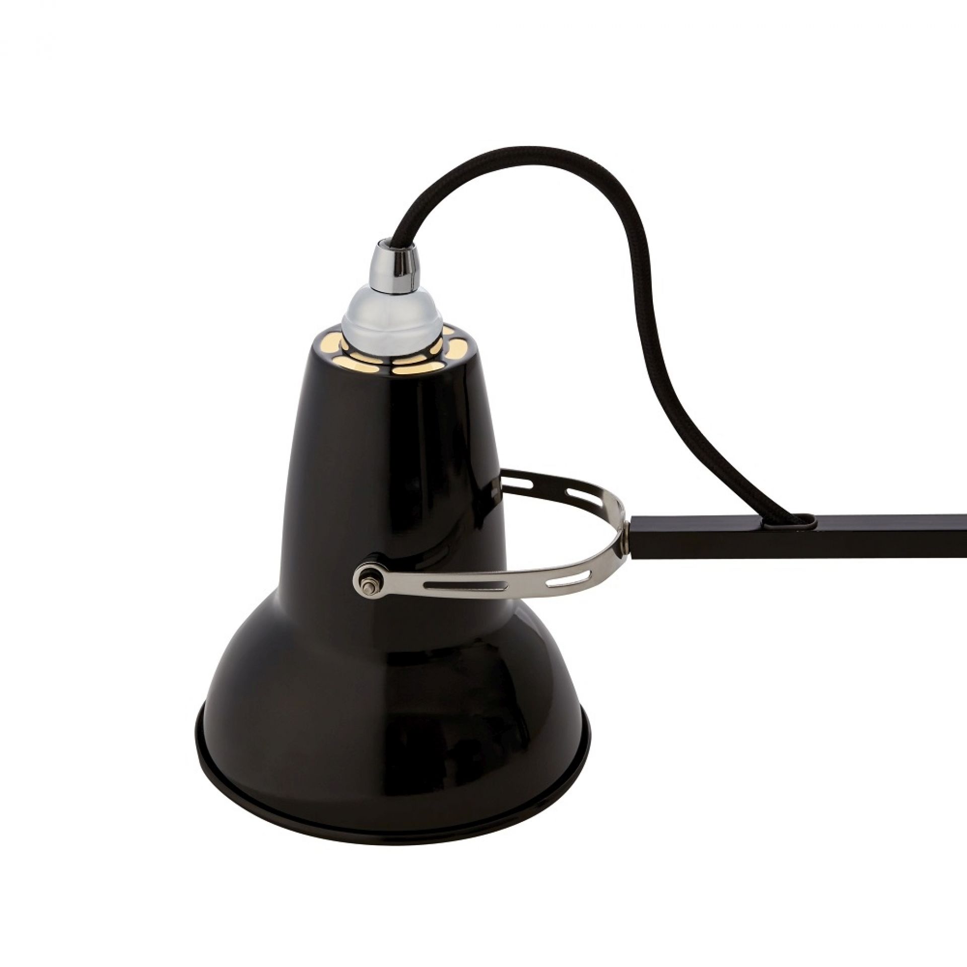 Schwarze Anglepoise Original 1227 Mini Tischleuchte: Detailaufnahme des Lampenschirms und des Arms. Design-Klassiker für den Schreibtisch.