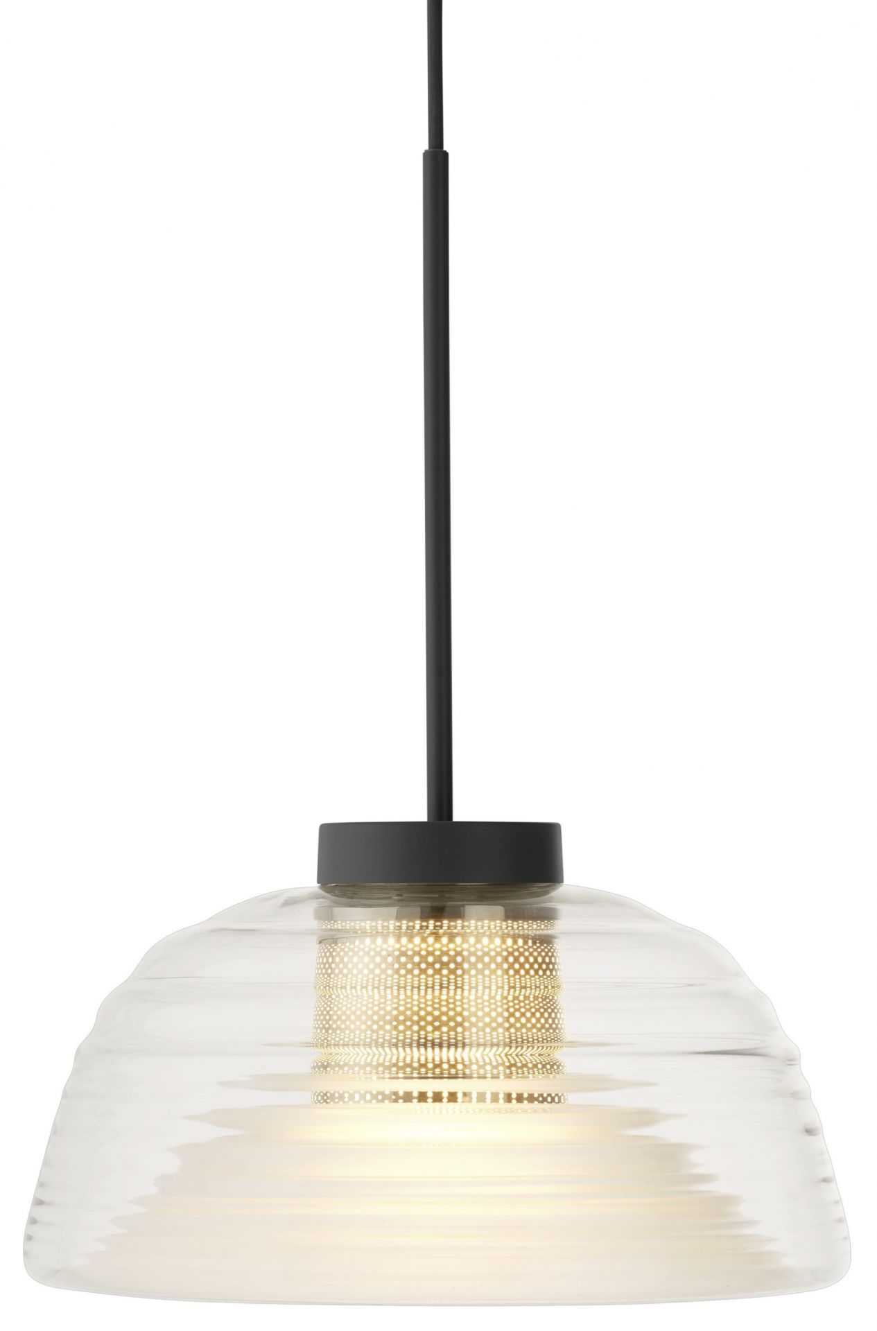 Muuto Two-Layer Pendelleuchte mit transparentem Glas, goldfarbenem Lampenschirm und schwarzer Aufhängung.