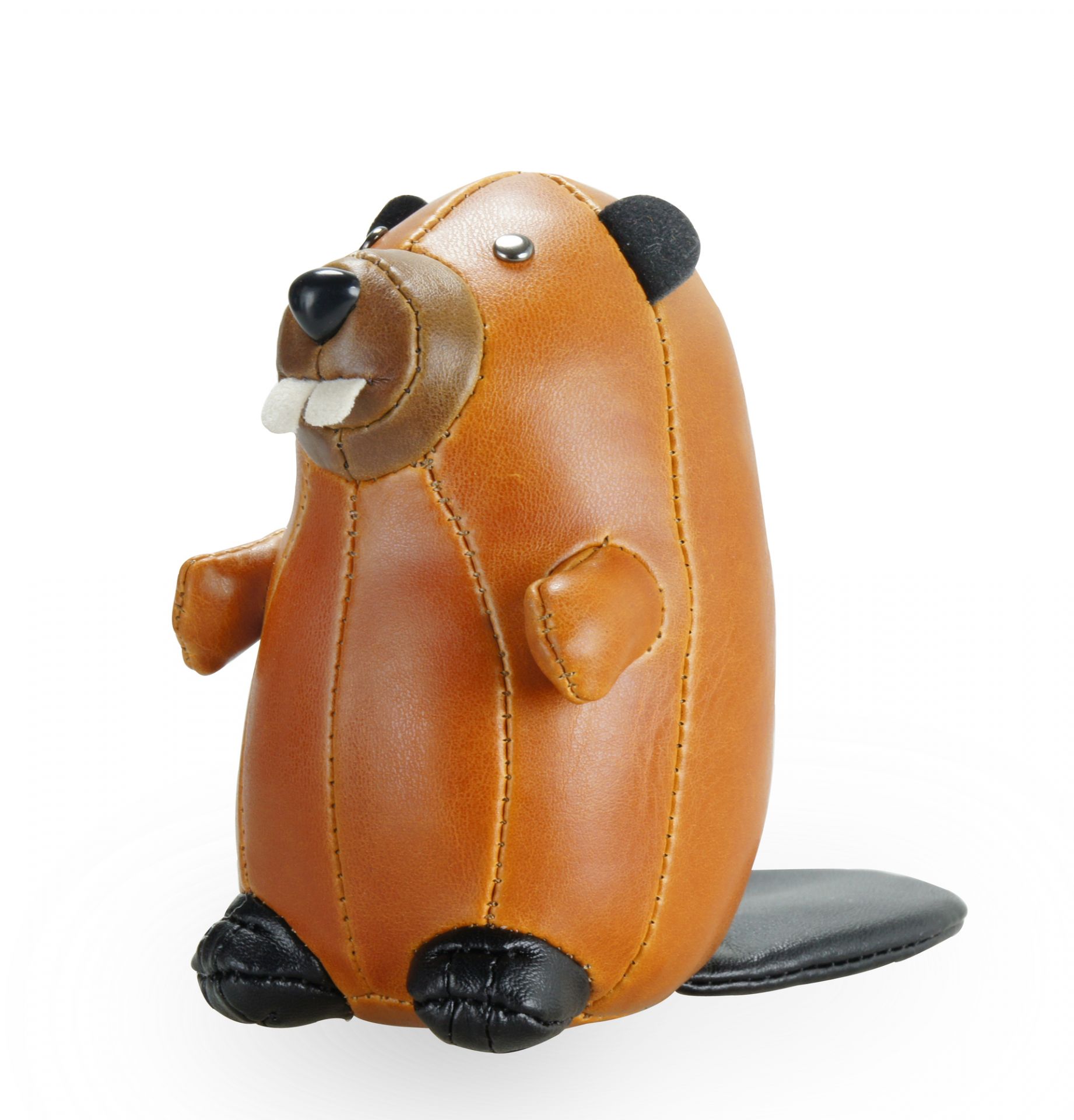 Briefbeschwerer Classic Biber Tan/Braun Züny aus Lederimitat, stehend, mit großen Zähnen und schwarzem Schwanz.