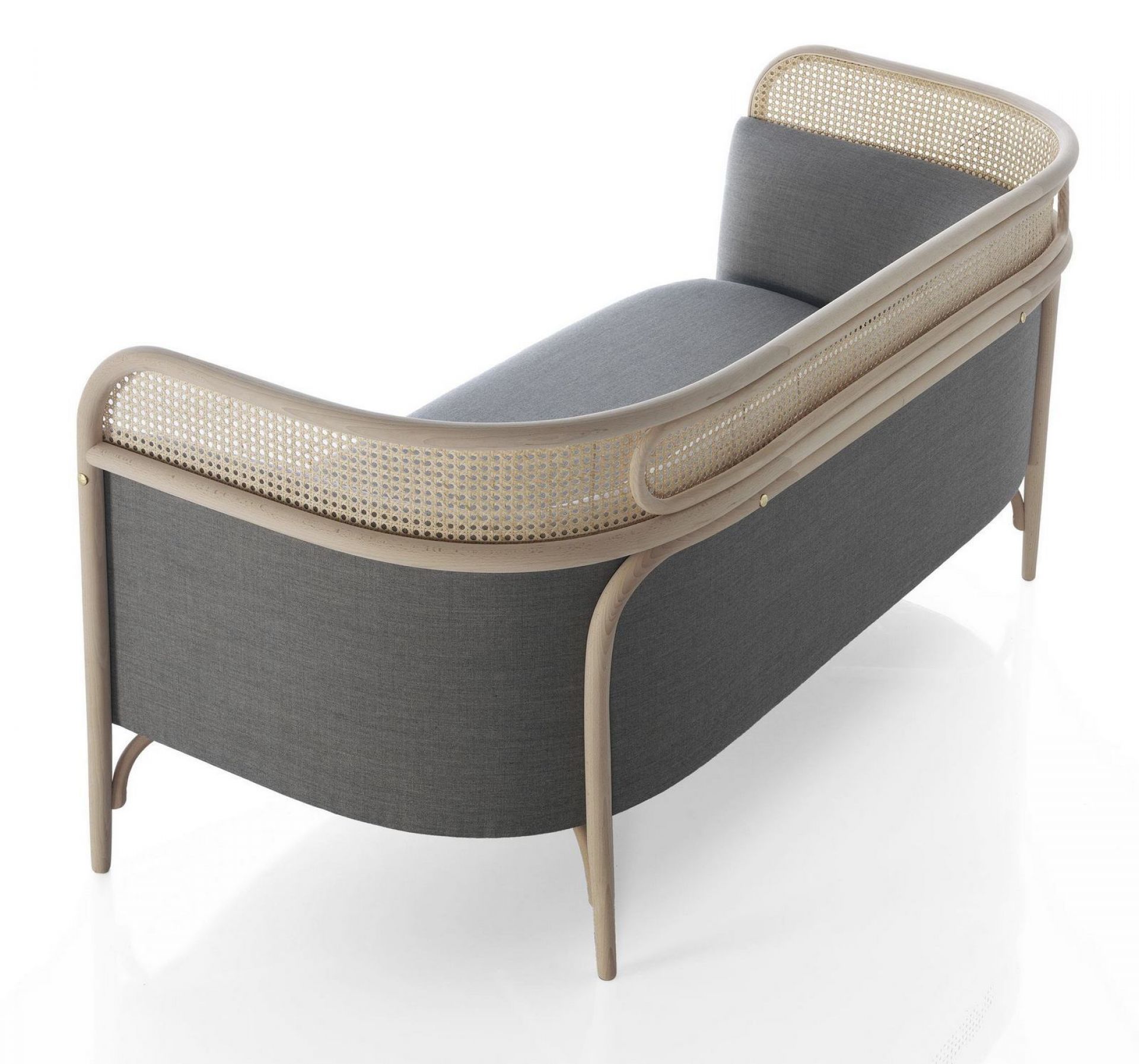Targa Sofa von Wiener GTV Design mit grauem Stoffbezug und Wiener Geflecht, seitliche Ansicht.
