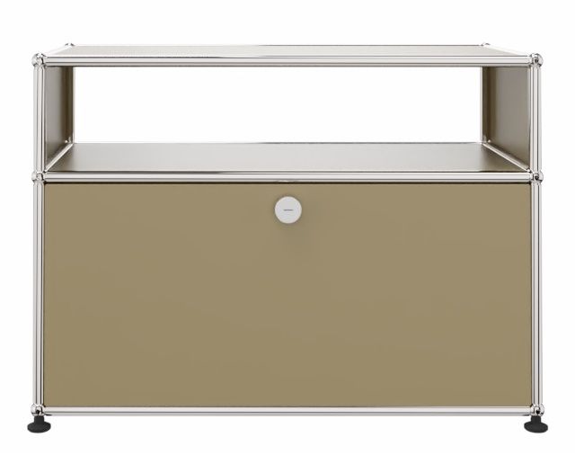 USM Haller Beistellmöbel in Beige mit einer Schublade und offenem Fach, moderner Stauraum.