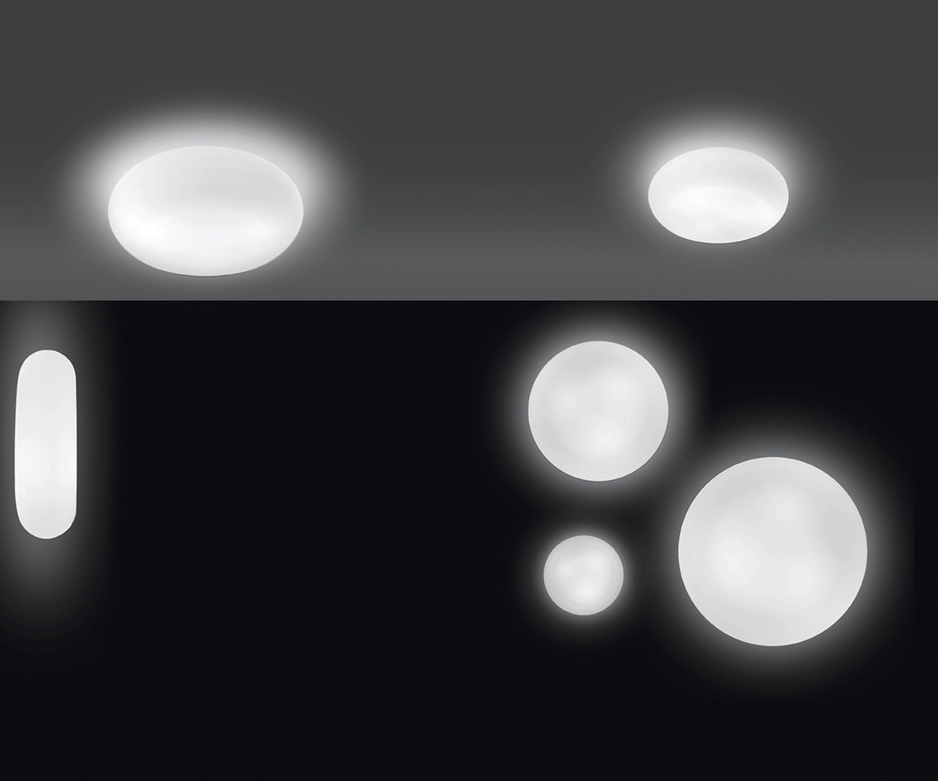 Weiße Itka Wand- und Deckenleuchten von Artemide in verschiedenen Größen und Formen im beleuchteten Zustand.