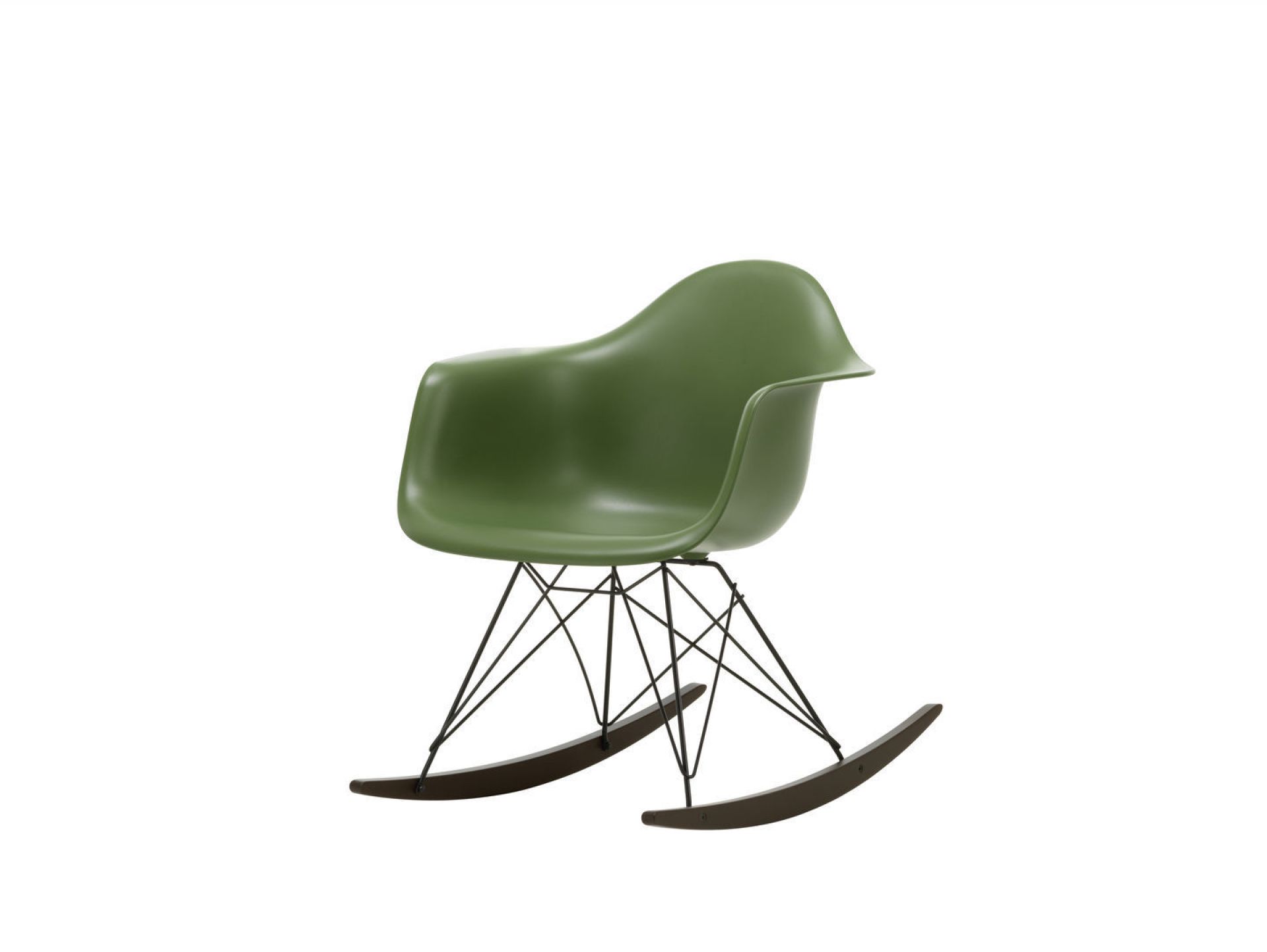 Grüner Eames Plastic Arm Rocking Chair (RAR) Schaukelstuhl mit schwarzem Gestell und Holz-Kufen.