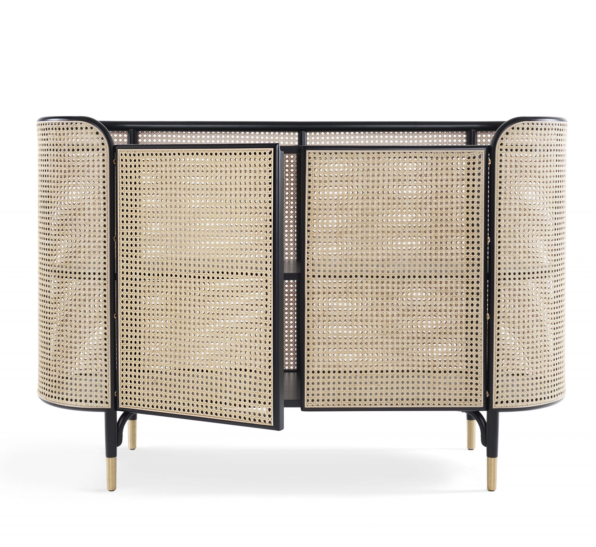 MOS CABINET Schrank von Wiener GTV Design mit Wiener Geflecht und schwarzen Beinen.