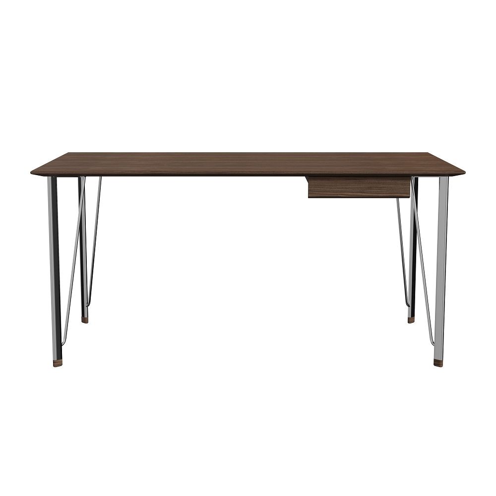 FH3605 Schreibtisch von Fritz Hansen: Walnussfarbene Tischplatte mit Schublade und Chromgestell. Moderner Bürotisch.