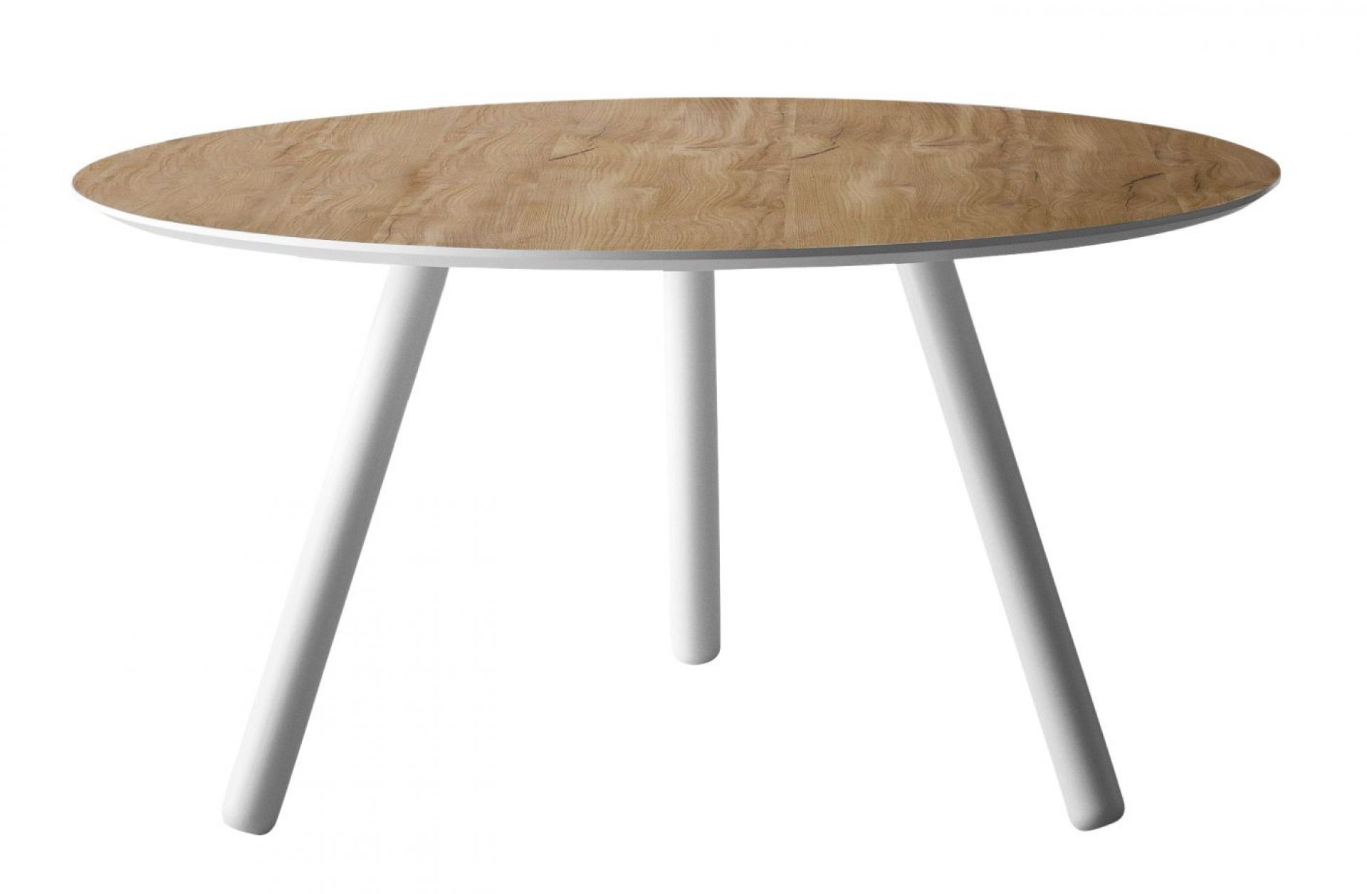 Runder Pixie Tisch von Miniforms mit Holzplatte und weißen Beinen, Durchmesser 150 cm.